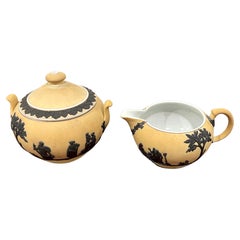 Wedgwood Yellow Dip Jasperware & Black Basalt Sugar & Creamer, C 1900