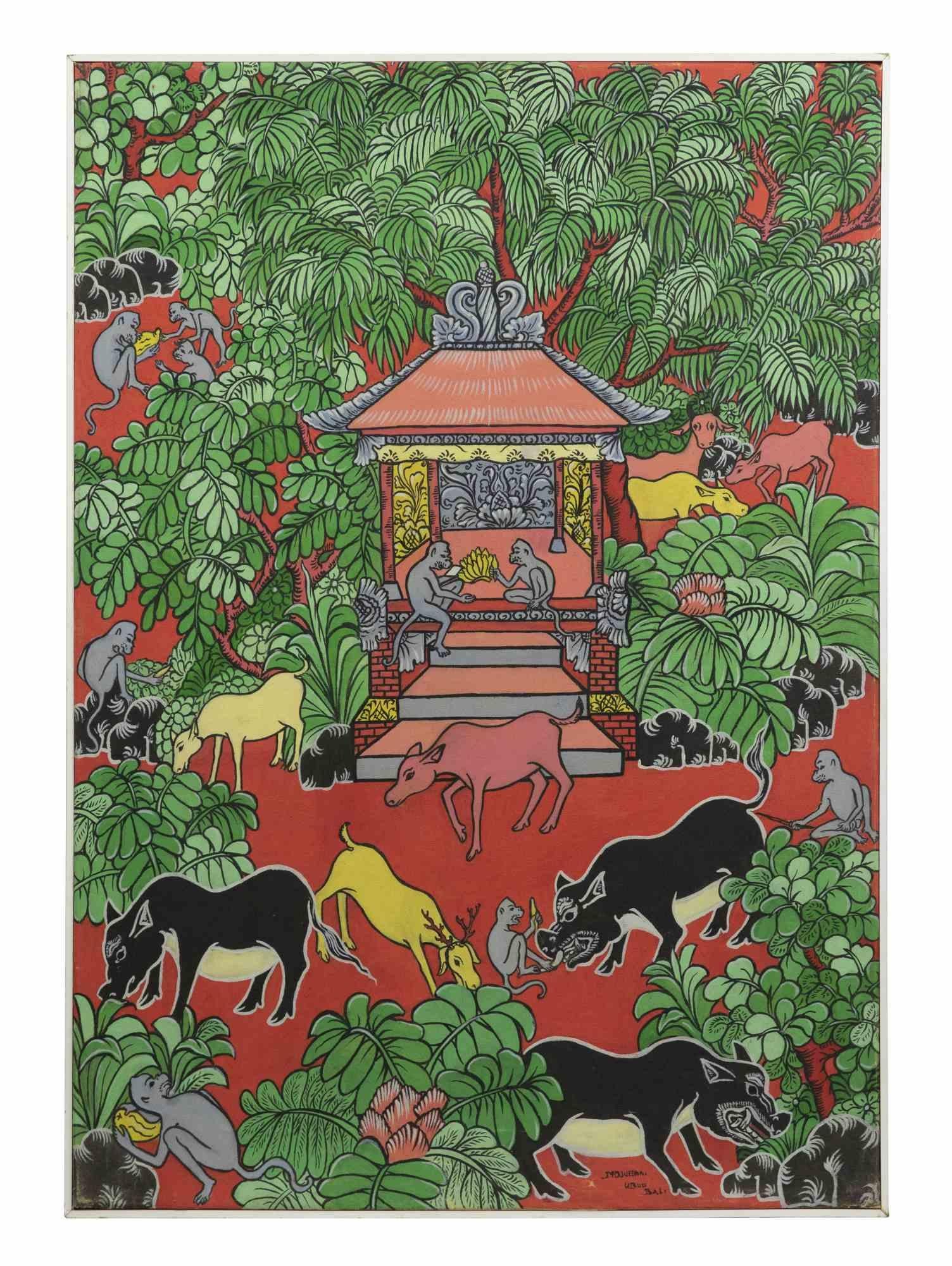 Indonesian Naif scene is an original artowork realized in the Late 20th Century.

Mixed colored oil on canvas.

Signed by the artist on the lower margin.

This fascinating artwork depicts a scene set in Bali, Indonesian with a typical temple.

Label