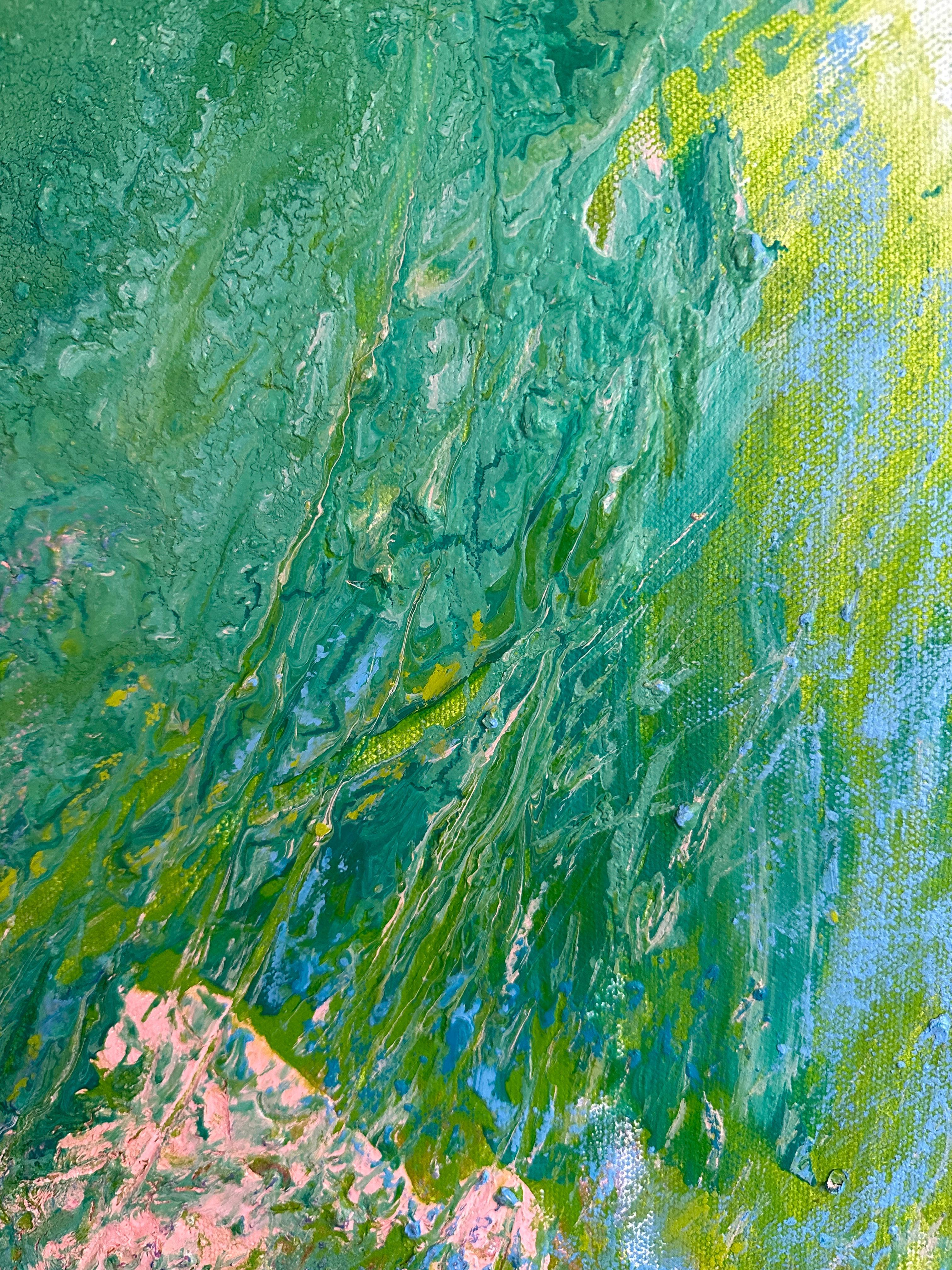 Esta obra de arte es una composición de impresionismo abstracto con una vibrante mezcla de colores. Presenta tonos verdes, rosas y azules dominantes, que crean una impresión exuberante y casi floral. La pintura mezcla varias texturas y capas con
