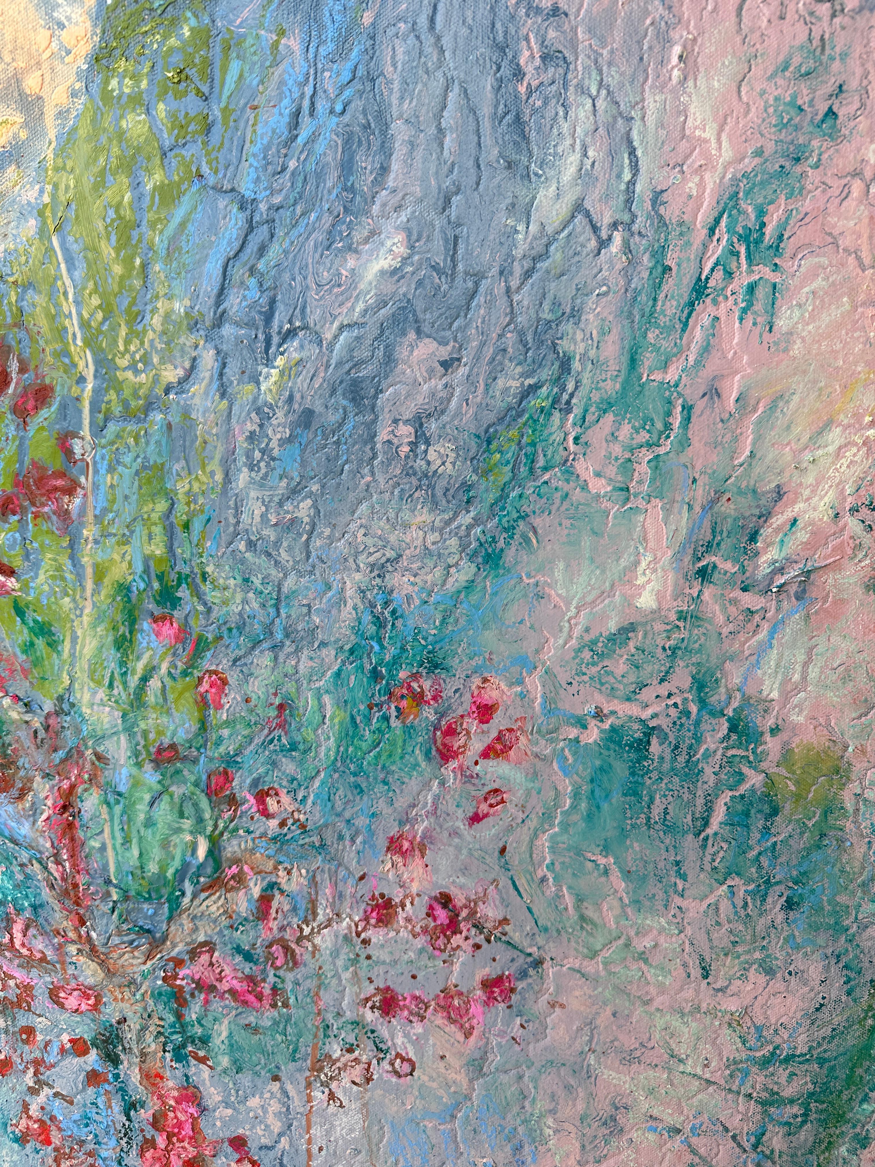 Los rojos, naranjas y rosas cálidos de la esquina superior izquierda representan los colores intensos y vibrantes que suelen asociarse al calor del verano. Estos colores pueden representar el sol abrasador, el calor que desprende y las flores y el