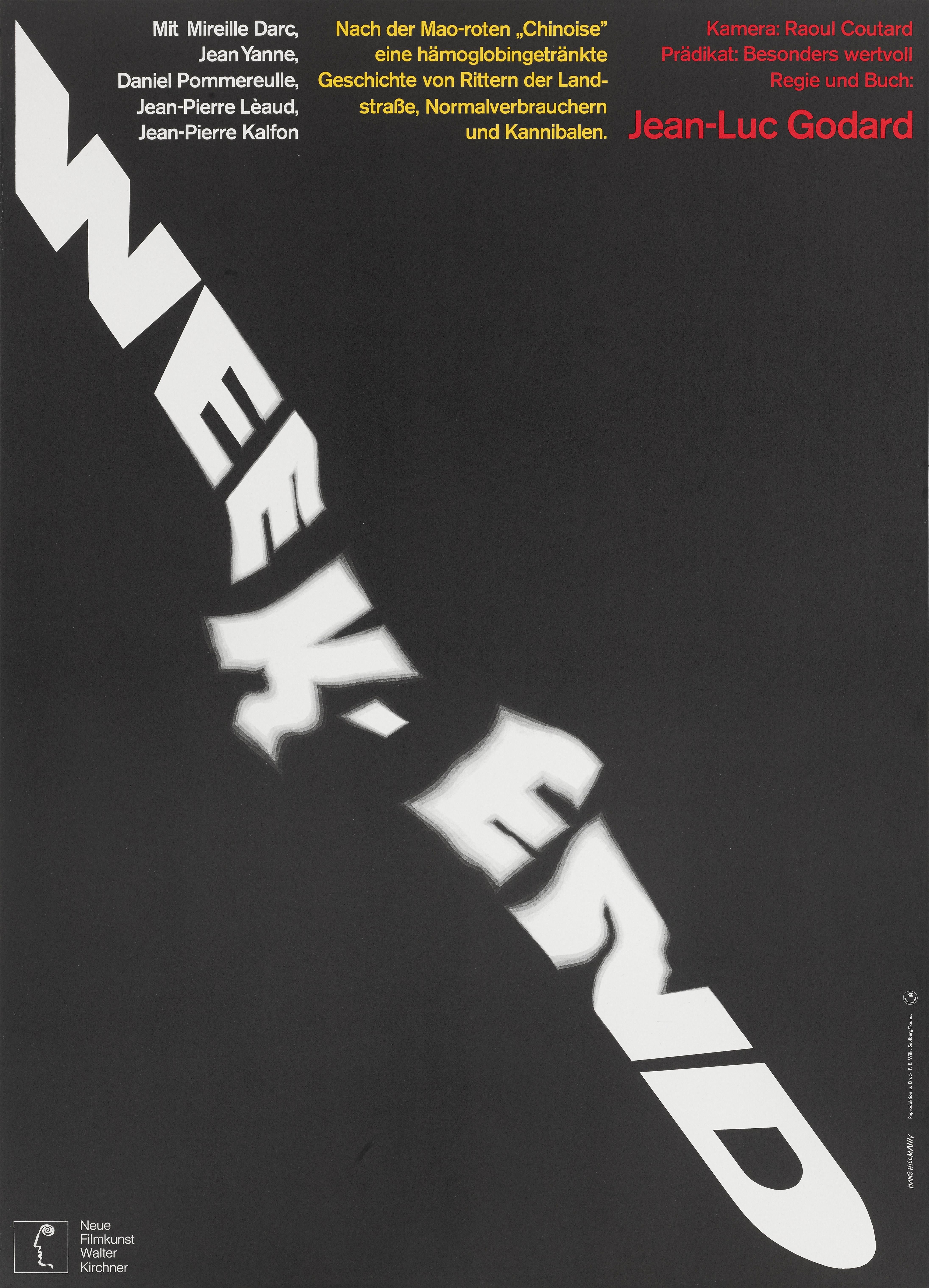 Affiche originale allemande pour le film de la Nouvelle Vague française de Jean-Luc Godard Weekend (1967).
Ce film met en scène Mireille Darc, Jean Yanne et Jean-Pierre Kalfon.
Cette affiche est dépliée et protégée par une toile de conservation.