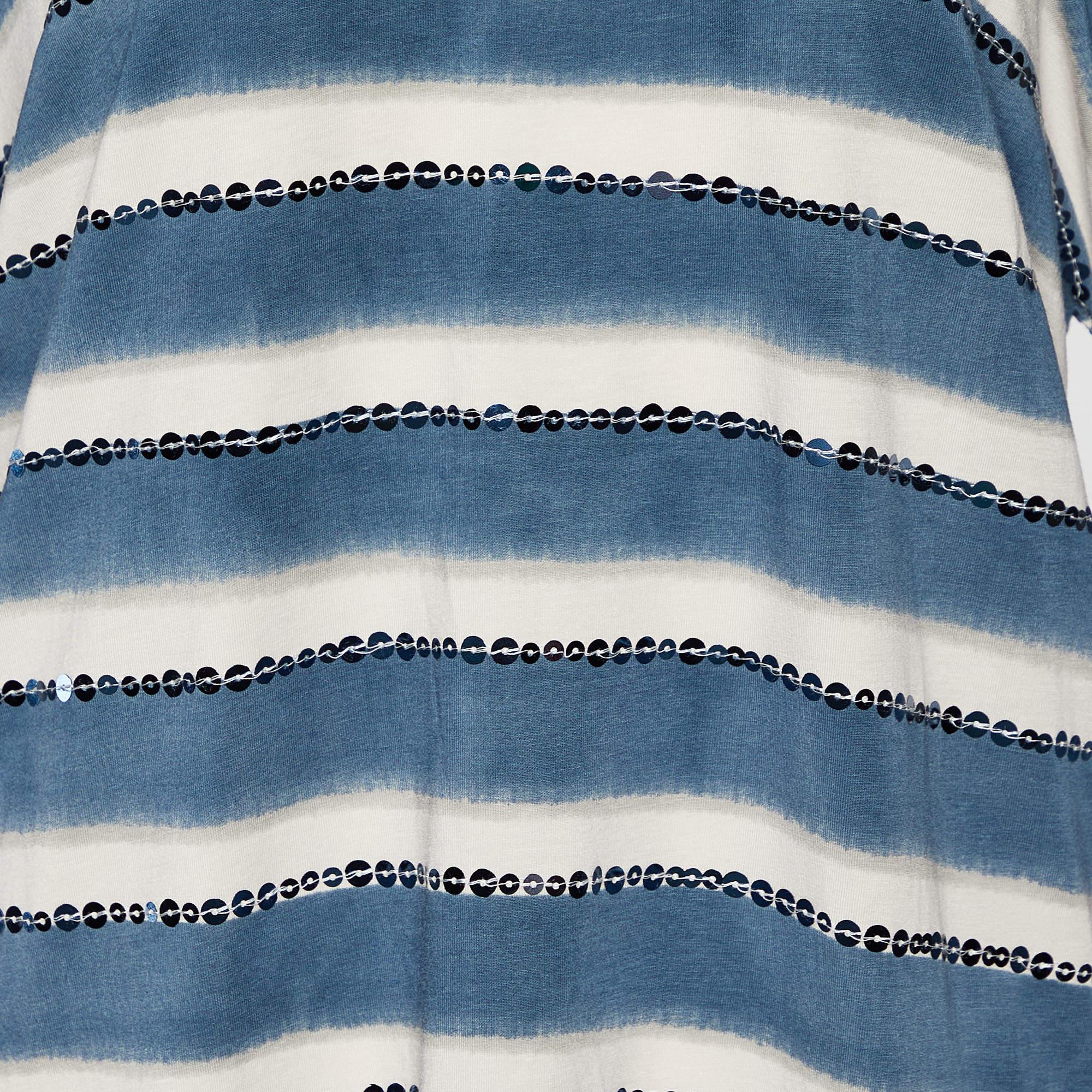 Gray Weekend Max Mara White & Blue Cotton Striped Sequin Embellished Top M For Sale