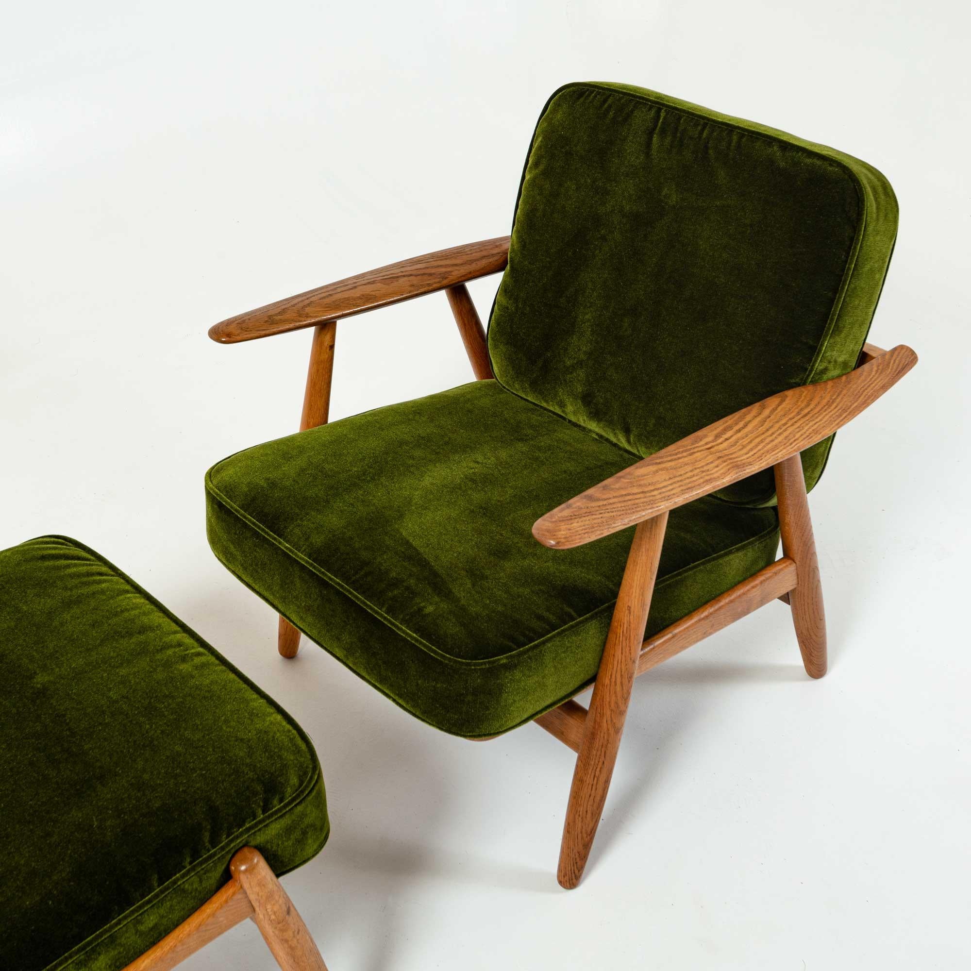 Danish Wegner GE240 Cigar Lounge Chair and ottoman in Oak and HBF Martini Green Velvet
