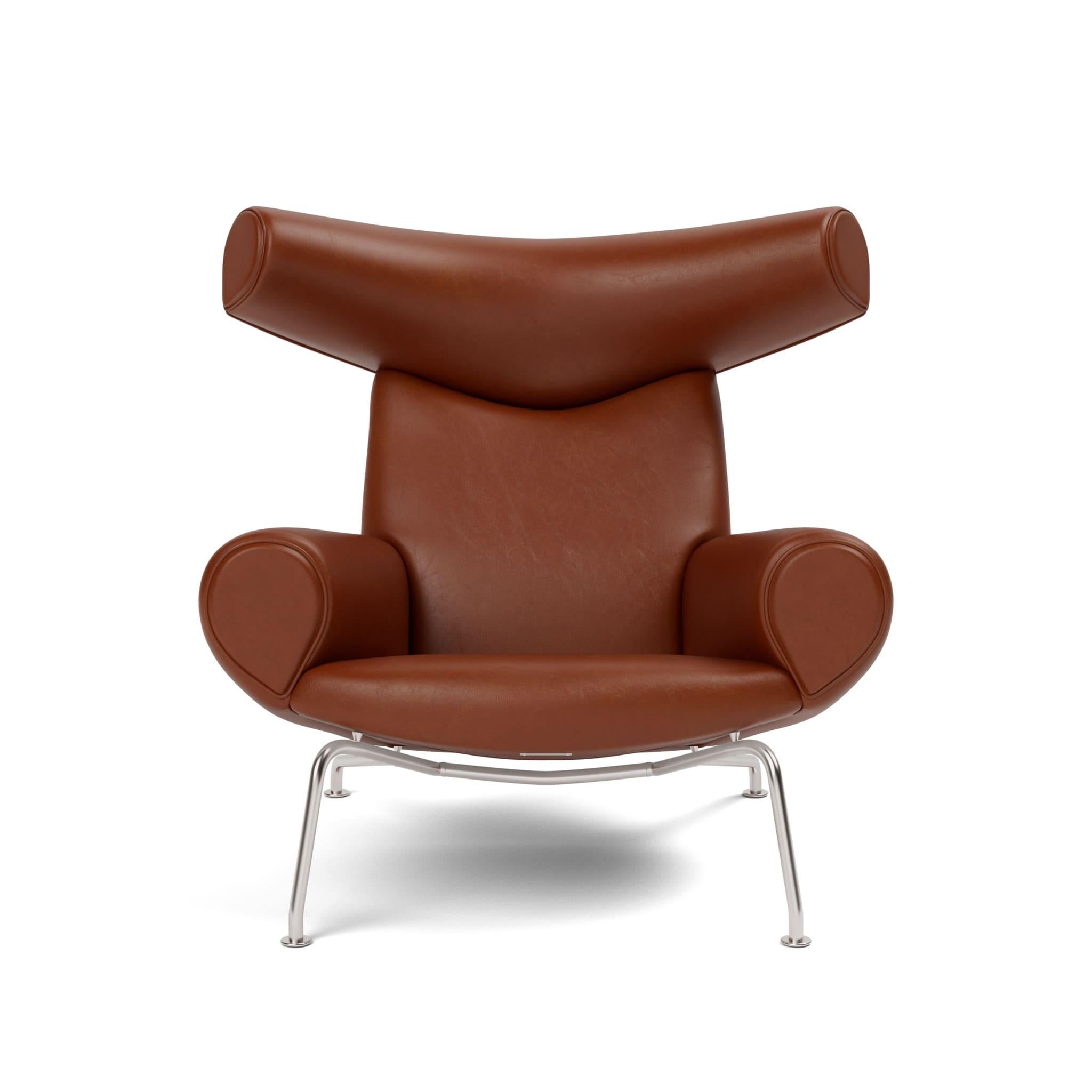 Scandinavian Modern Wegner Ox Chair-Russet Brown/Brushed Stainless Steel-by HansJ. Wegner Fredericia For Sale