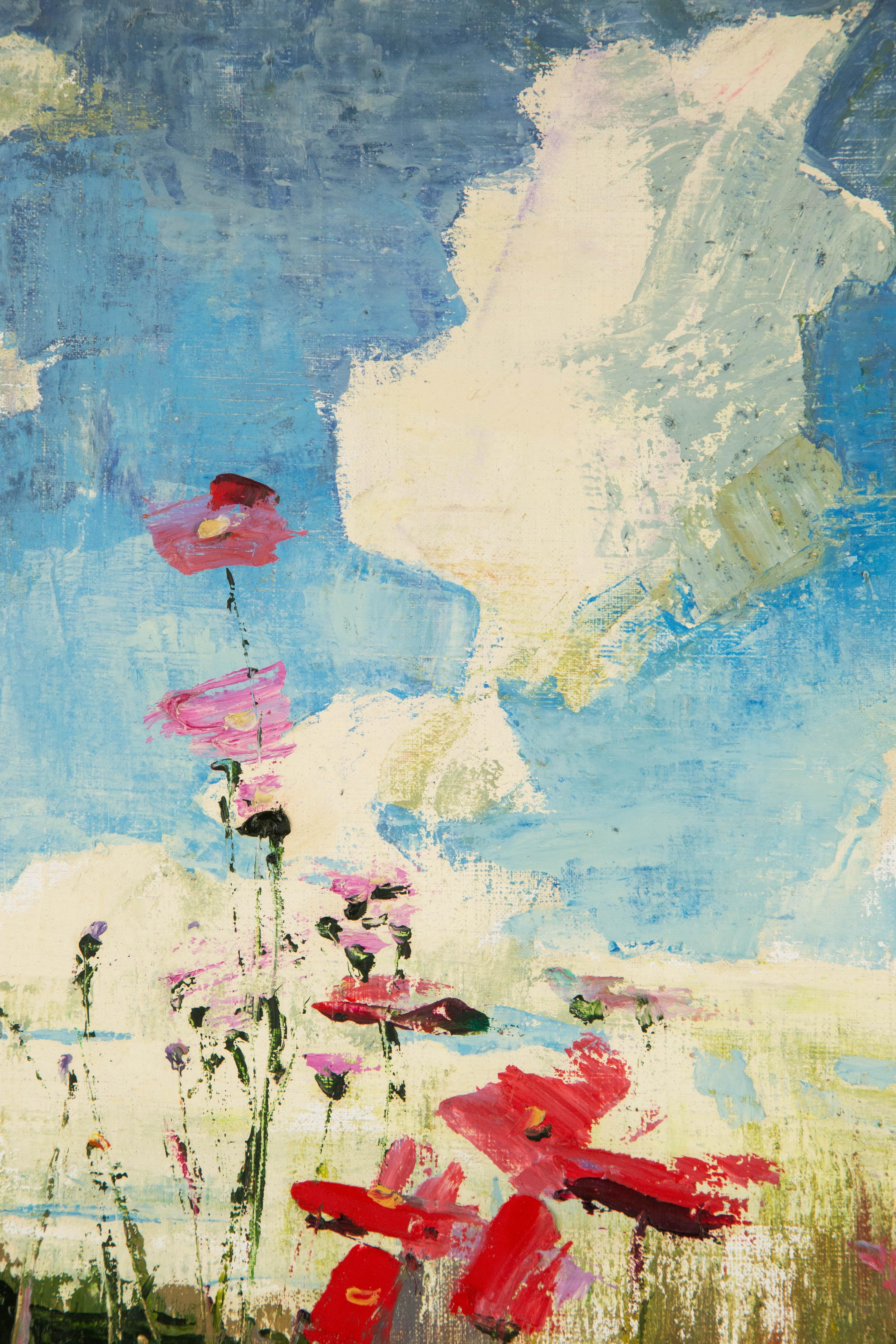 Wei Wang, geblümtes Original Ölgemälde auf Leinwand, Ölgemälde „Brunnen und Blumen, Serie I“, Wei Wang im Angebot 1