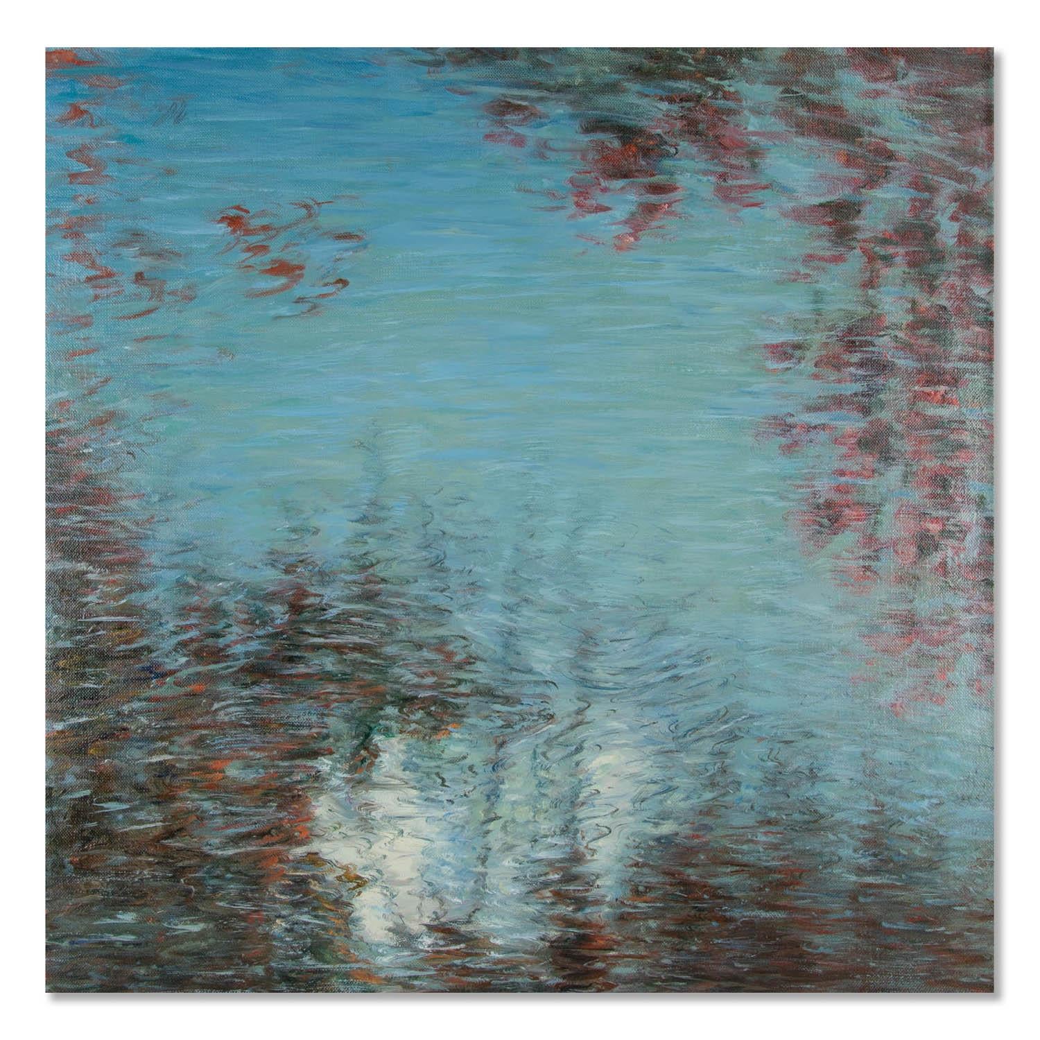  Title: Water Reflection - Cyan
 Medium: Oil on canvas
 Size: 23 x 23 inches
 Frame: Framing options available!
 Condition: The painting appears to be in excellent condition.
 
 Year: 2000 Circa
 Artist: Wei Wang
 Signature: Unsigned
 Signature