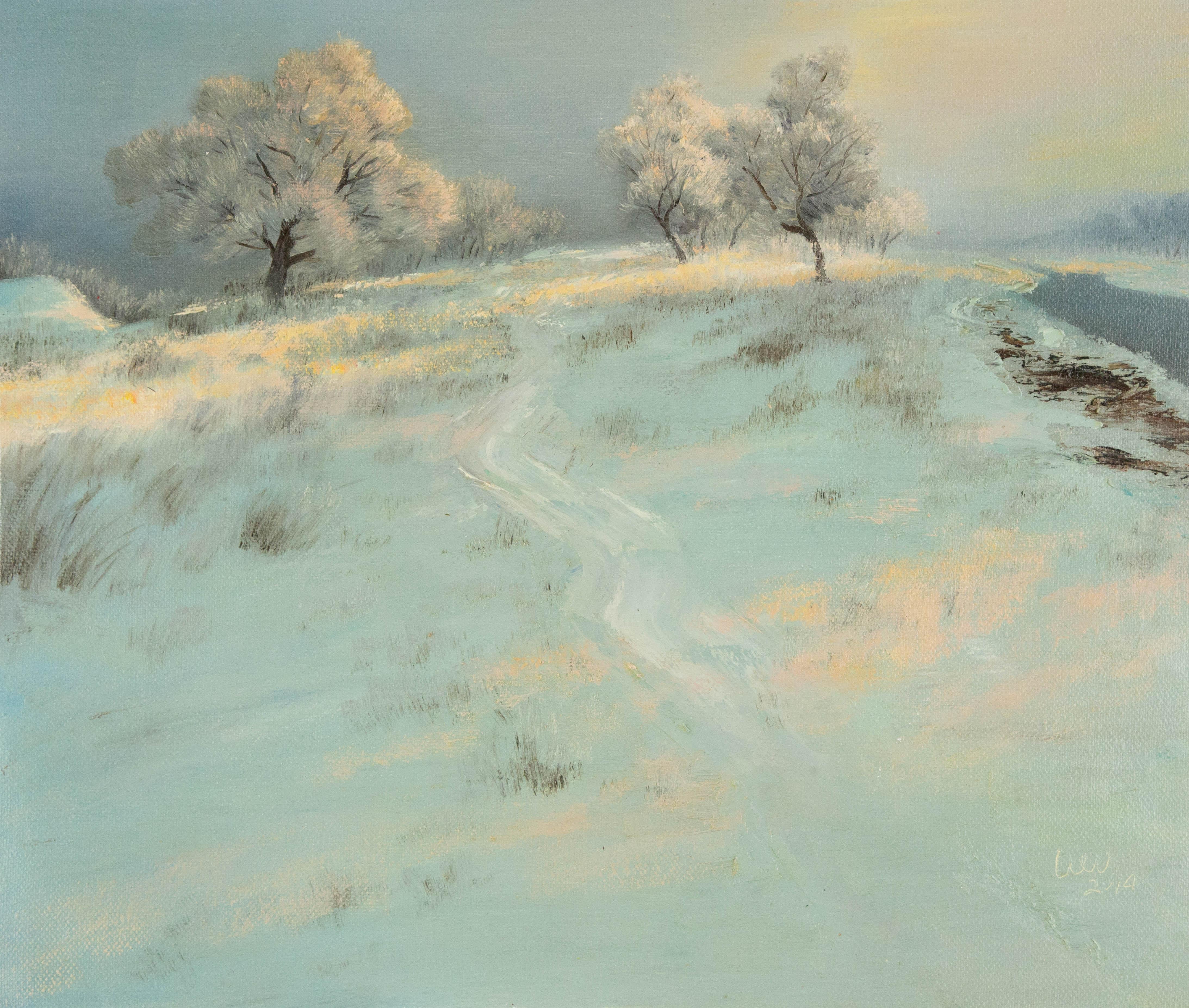  Title: After The Snow
 Medium: Oil on canvas
 Size: 19 x 23 inches
 Frame: Framing options available!
 Condition: The painting appears to be in excellent condition.
 Note: This painting is unstretched
 Year: 2014
 Artist: Wei Wang
 Signature: