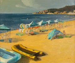 Wei Wang Waterscape Original Oil On Canvas "Beach Bathing Area"