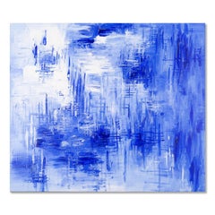 Huile sur toile originale de Wei Zhang, « Le monde blanc et bleu », expressionnisme abstrait