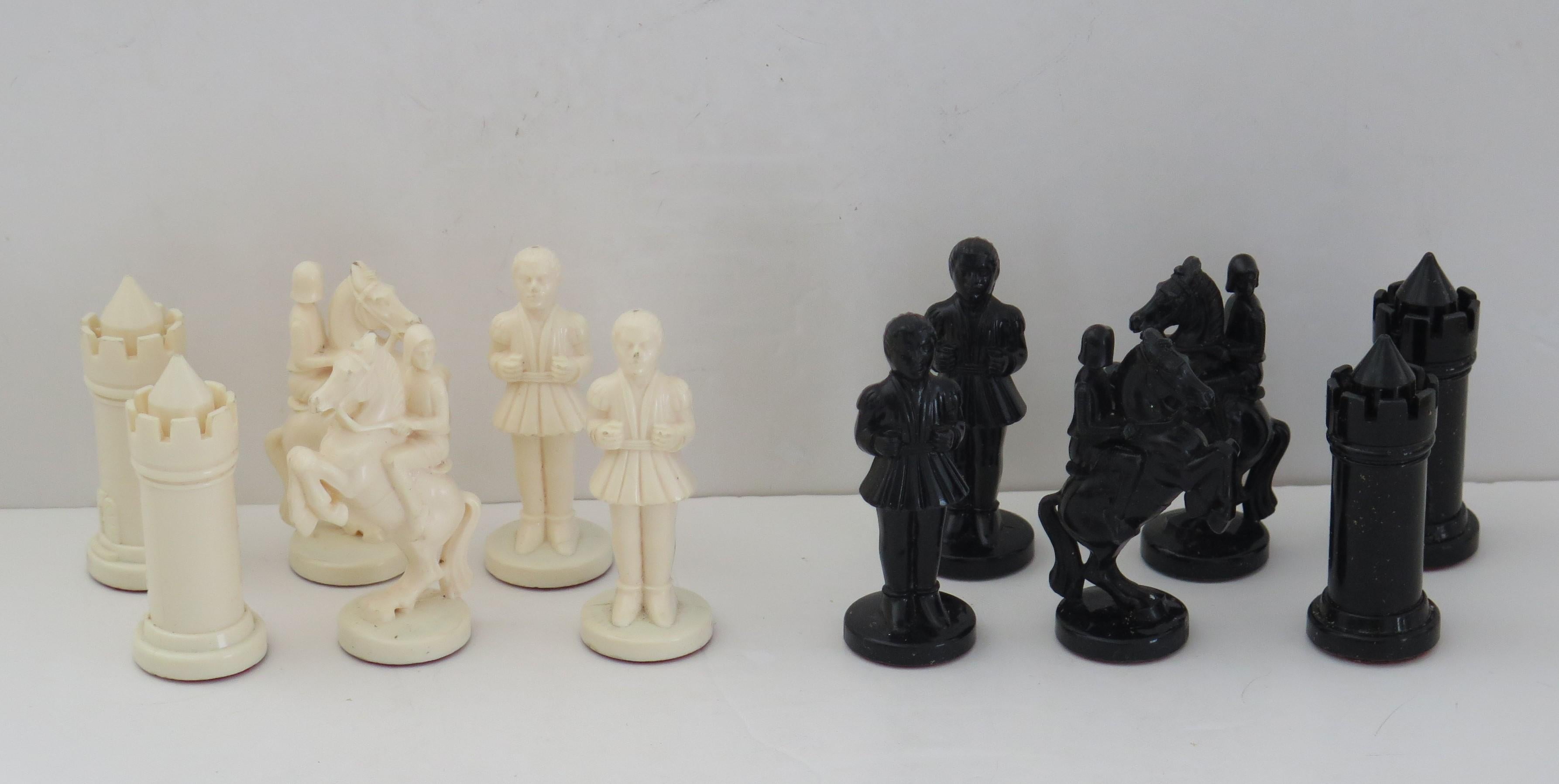 Medieval Weighted Resin Chess Set Game in Jointed Wood Box Kings, Ca 1930s For Sale