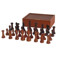 Antique Weighted Wood Chess Set by John Jaques of London in Wood Box Kings, ca 1950 