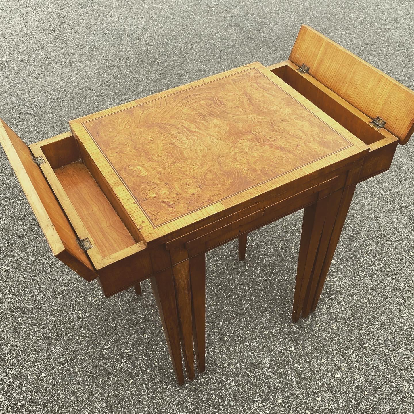 Burl Wood And Brass Inlaid Nesting Table With Top Compartment By Weiman 7