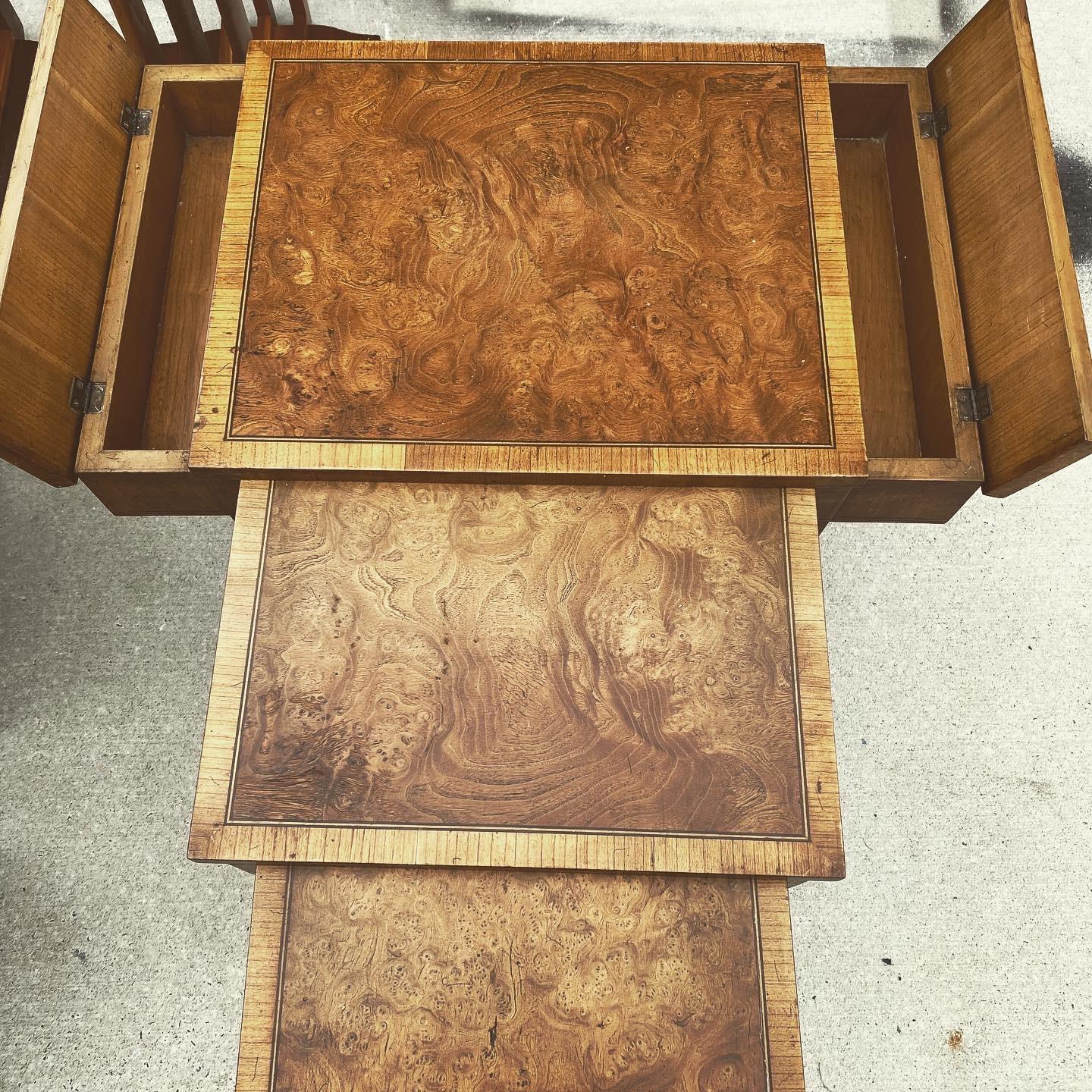 Burl Wood And Brass Inlaid Nesting Table With Top Compartment By Weiman 8