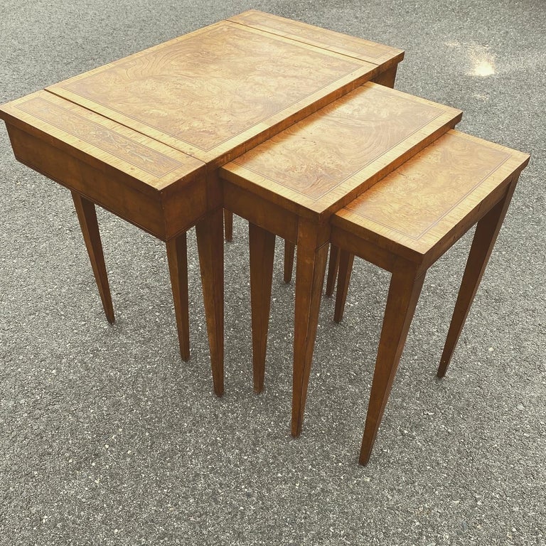 Burl Wood And Brass Inlaid Nesting Table With Top Compartment By Weiman