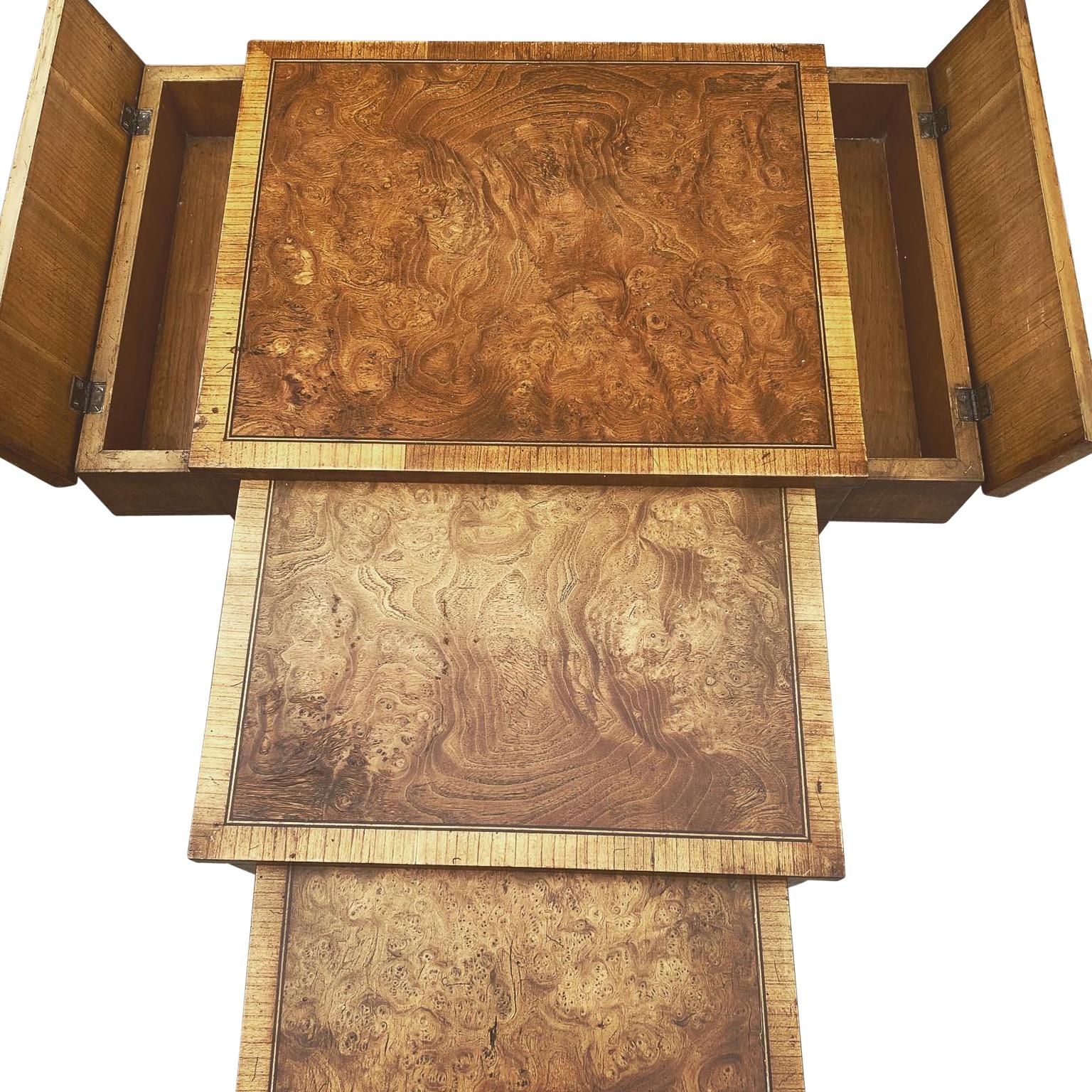 Mid-Century Modern Burl Wood And Brass Inlaid Nesting Table With Top Compartment By Weiman