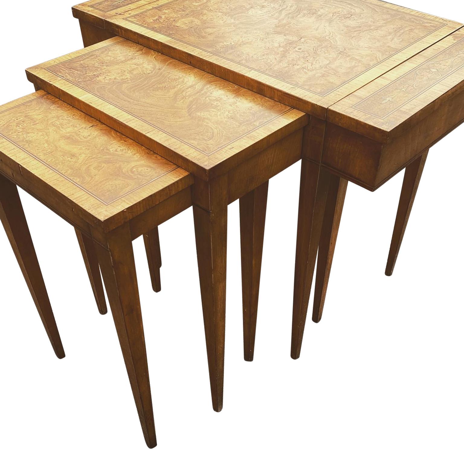 American Burl Wood And Brass Inlaid Nesting Table With Top Compartment By Weiman