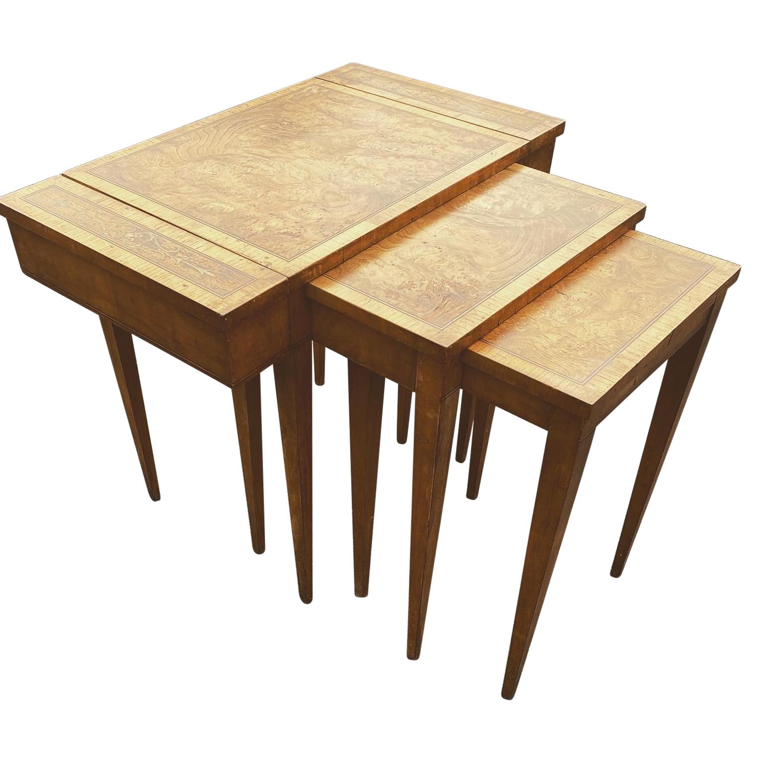 Veneer Burl Wood And Brass Inlaid Nesting Table With Top Compartment By Weiman