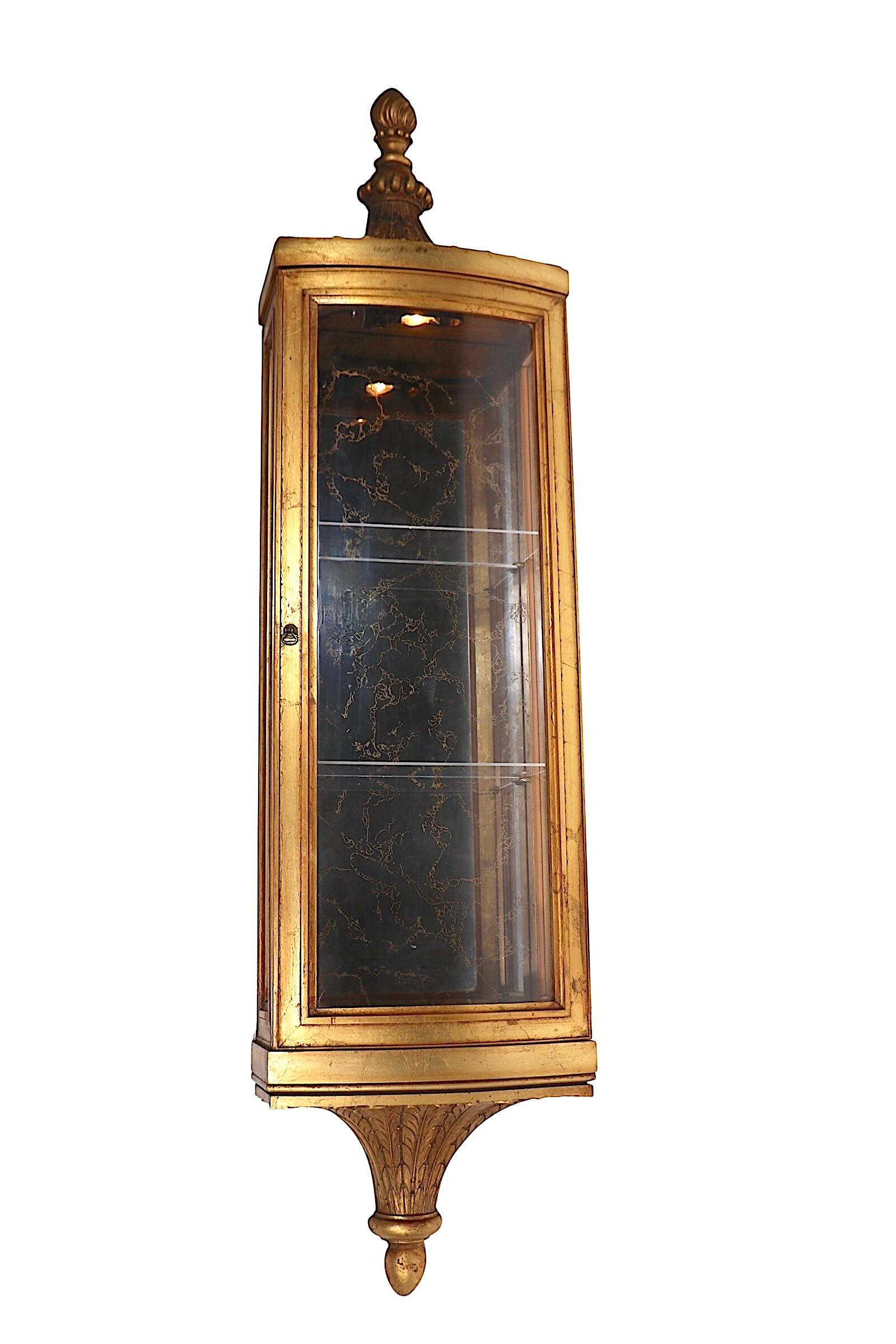 American Weiman Gold Gilt  Wall Hanging Vitrine Curio Display Case circa 1970's For Sale