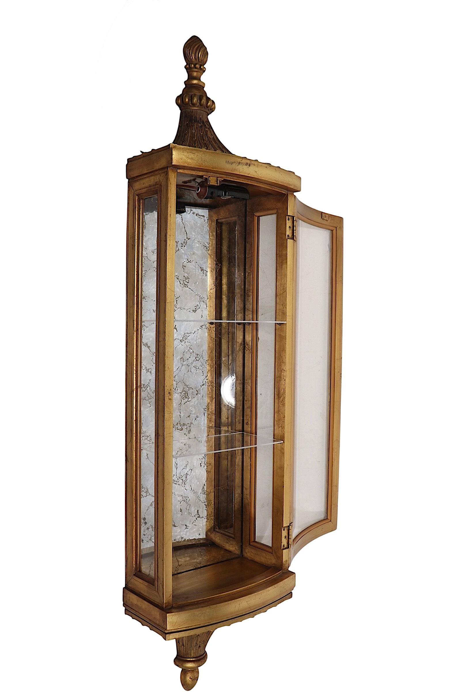 Glass Weiman Gold Gilt  Wall Hanging Vitrine Curio Display Case circa 1970's For Sale