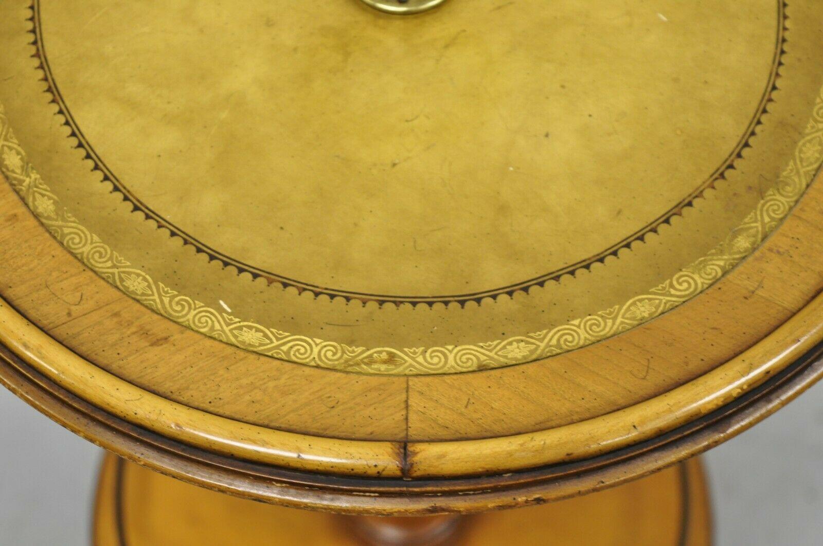 20th Century Weiman Heirloom Small Leather Top Round Smoking Stand Side Table Brass Ring