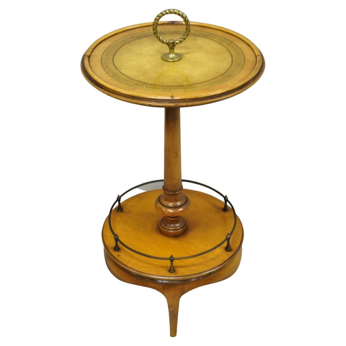 Weiman Heirloom Small Leather Top Round Smoking Stand Side Table Brass Ring For Sale