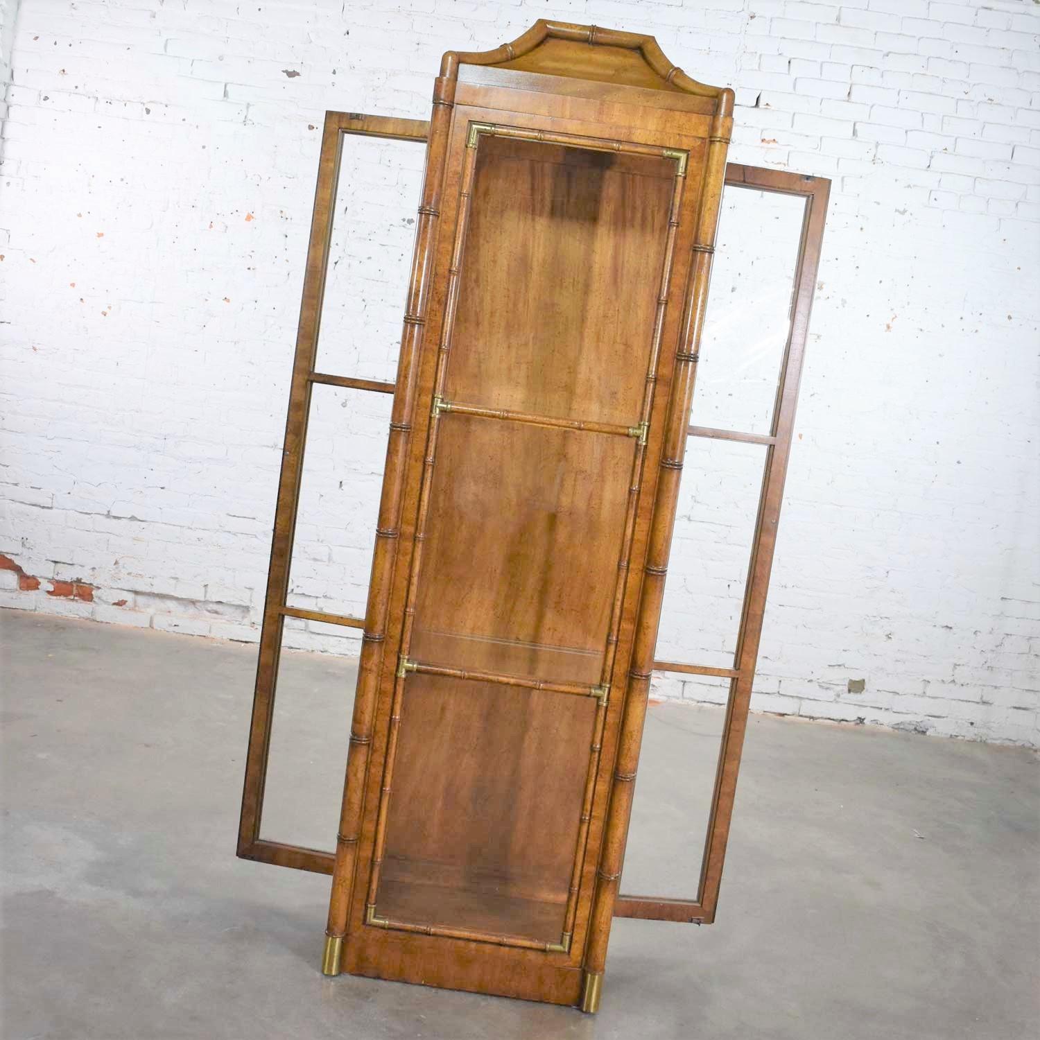 20th Century Weiman Hollywood Regency Campaign Style Faux Bamboo Narrow Lighted Display Cabin