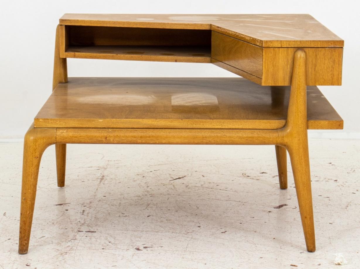 Weiman Midcentury oak coffee or side table, raised on tapered legs, with corner top section with shelves and drawer, signed 