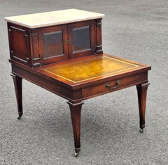 Weiman Mid-Century Regency Mahogany Marble and Stenciled Leather Top Side Table