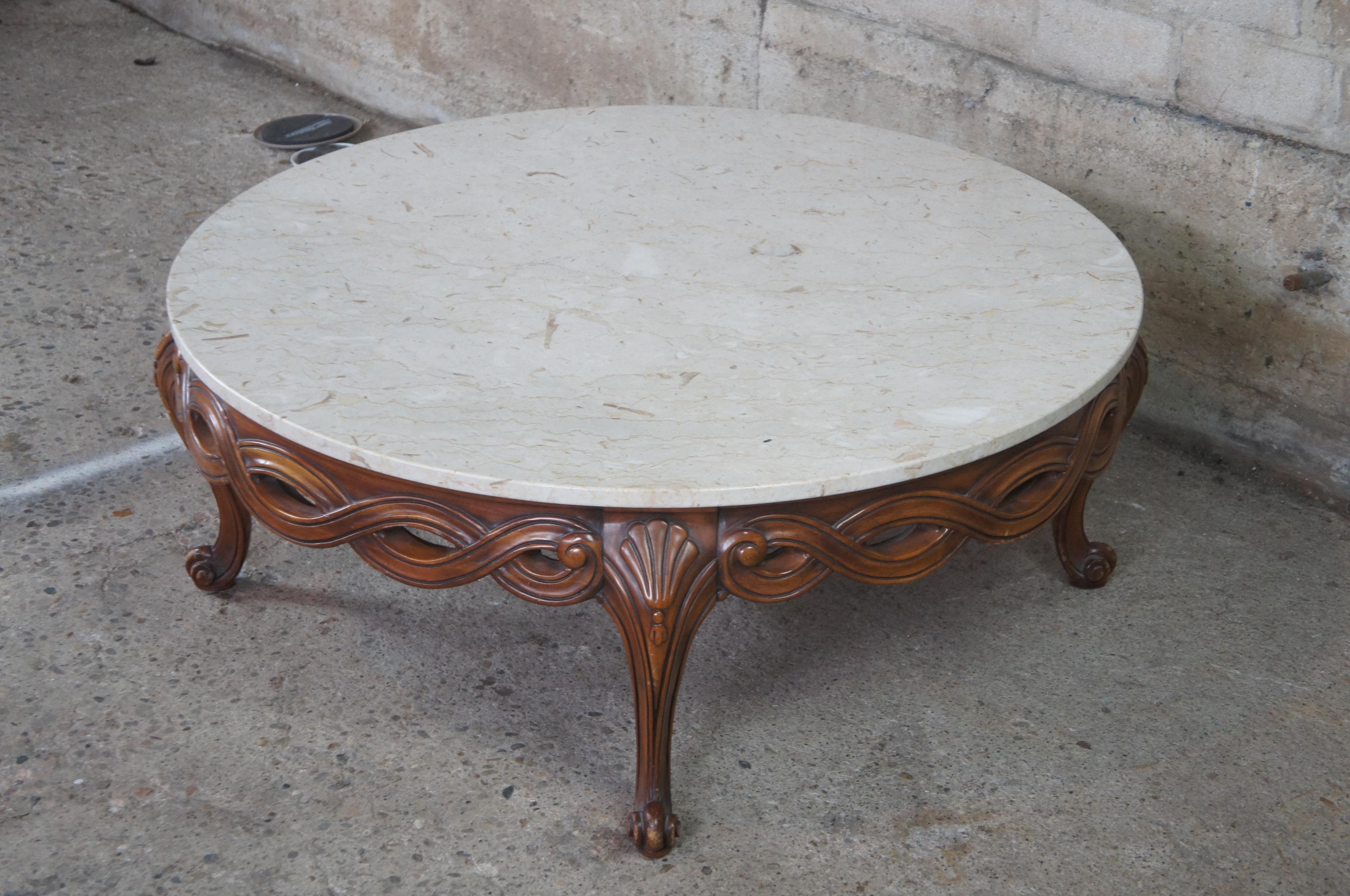 Weiman Mid Century Walnut Italian Marble Round Coffee Table French Provincial 3