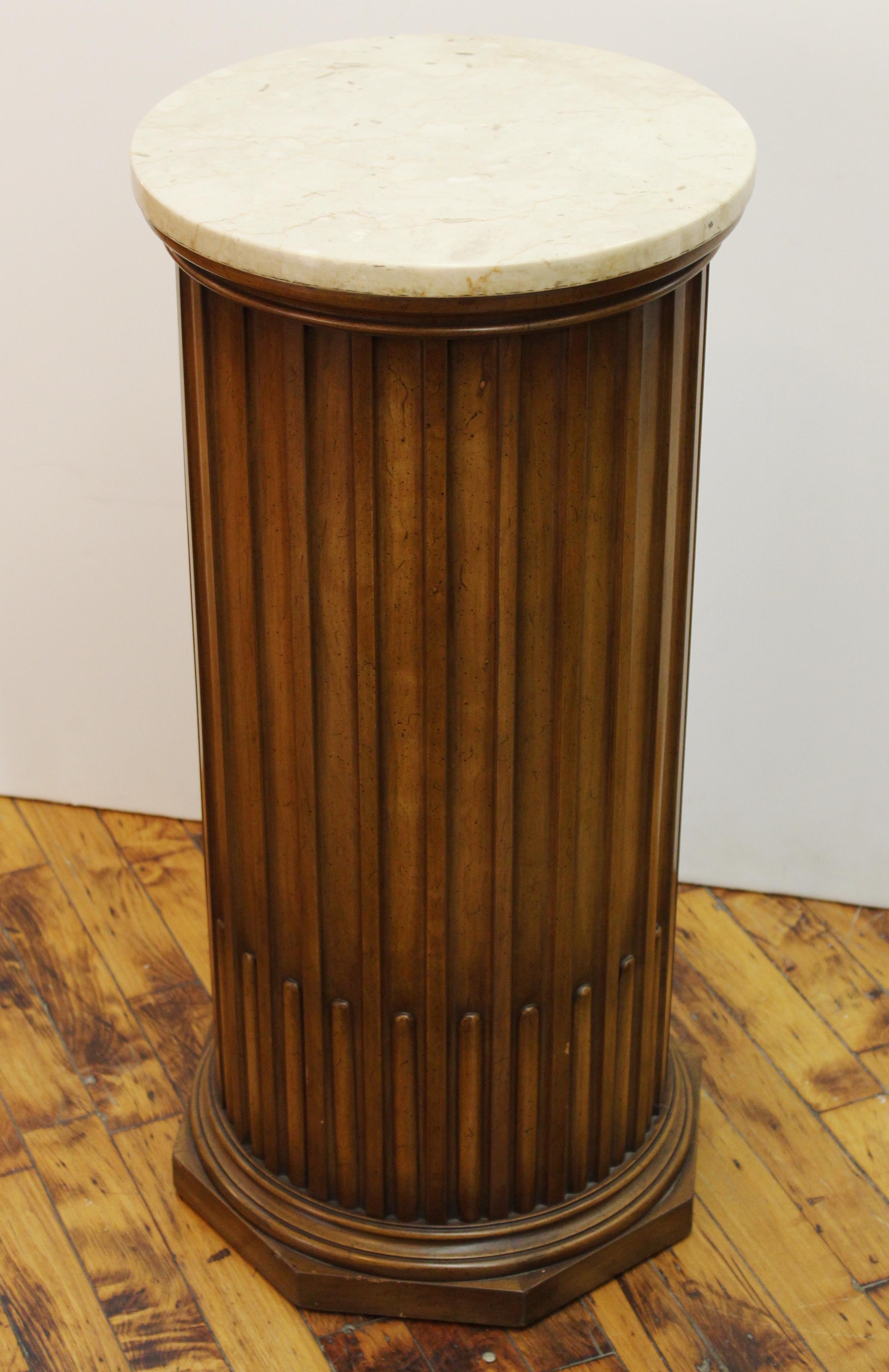 American Weiman Neoclassical Style Fluted Pedestal in Carved Wood with Marble Top