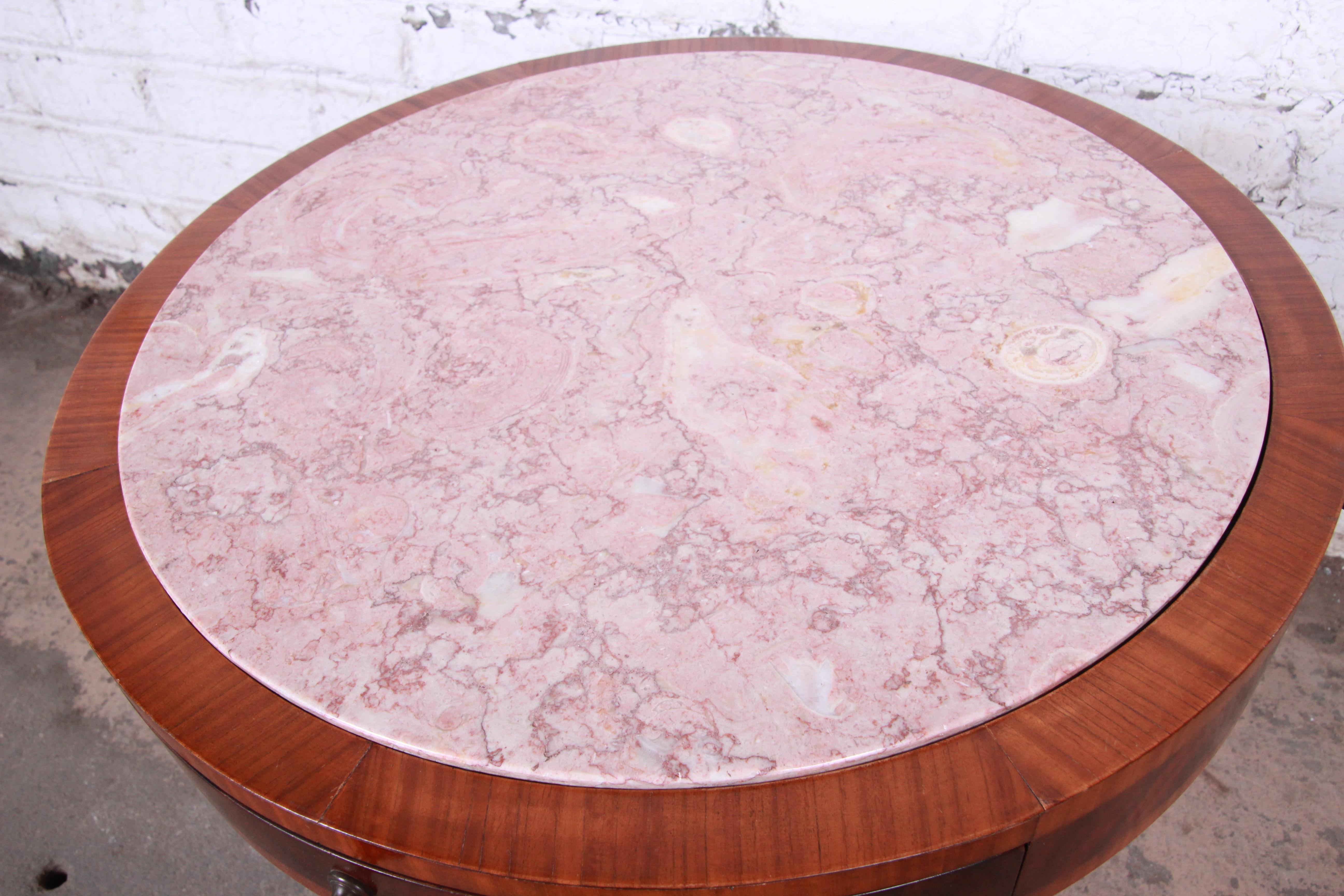Mid-20th Century Weiman Regency Flame Mahogany Marble-Top Pedestal Drum Table