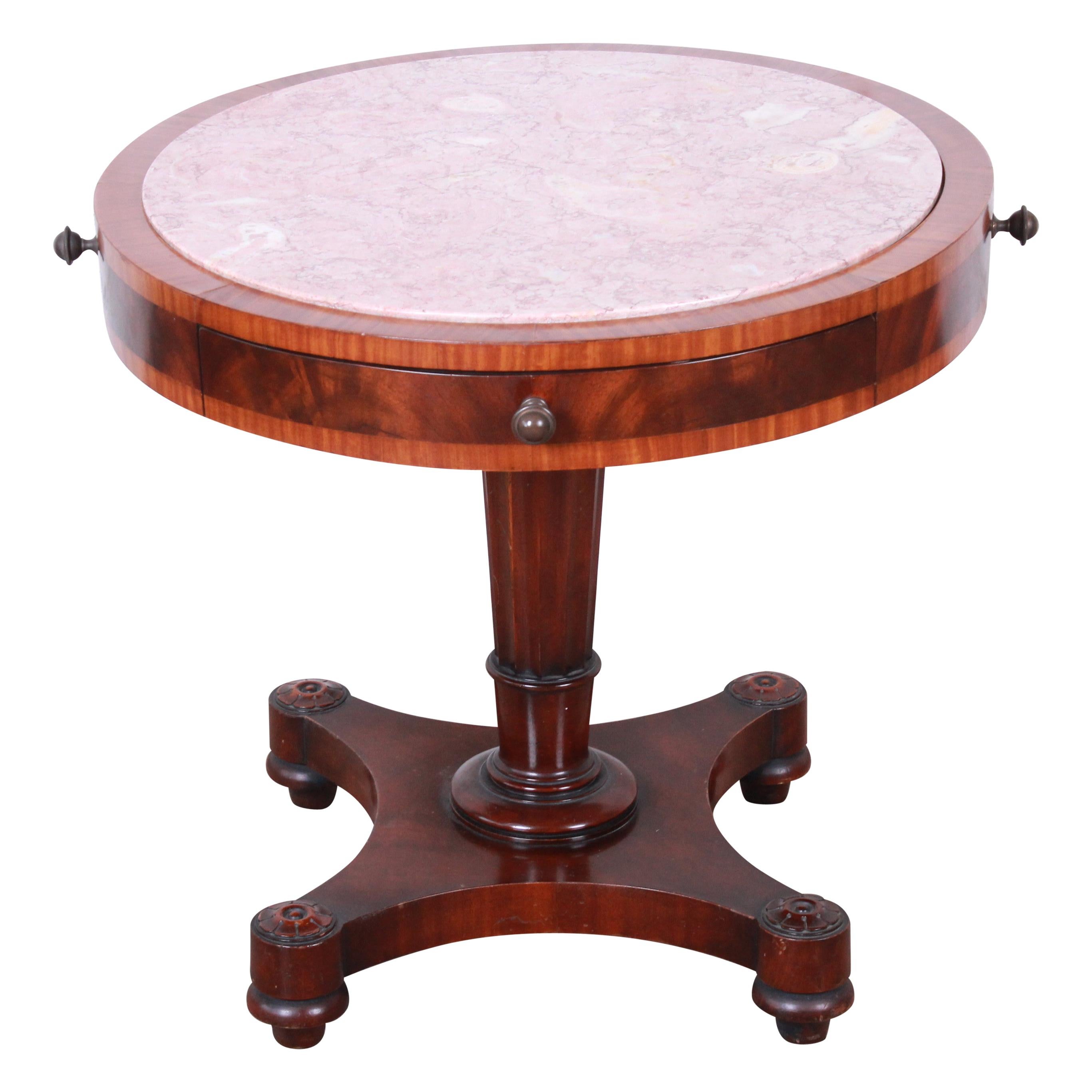 Weiman Regency Flame Mahogany Marble-Top Pedestal Drum Table