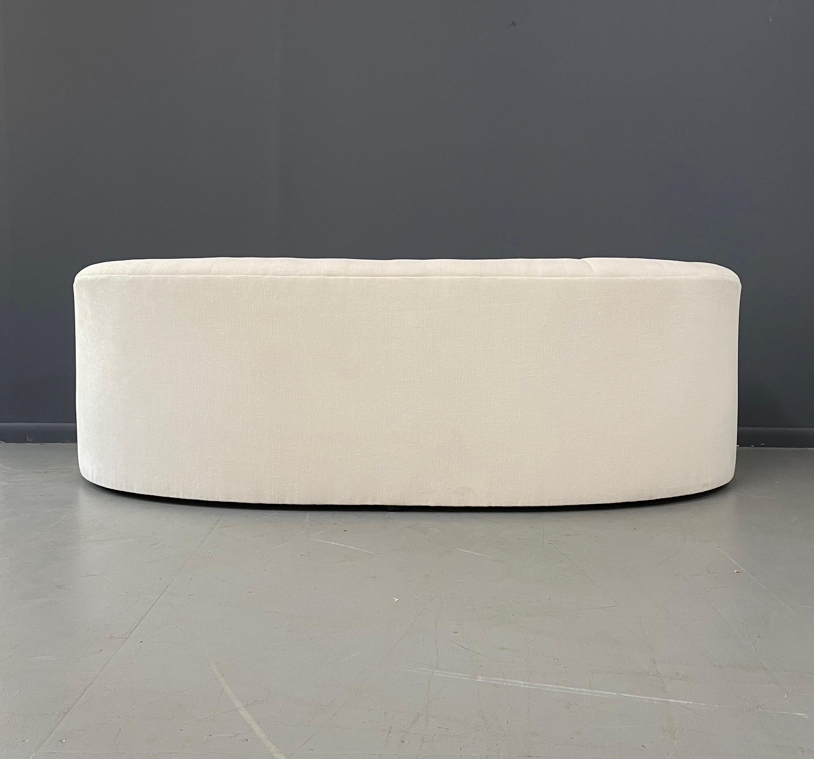 Mid-Century Modern Weiman Style Curved Kidney Bean Shaped Mid Century Sofa in Textured White Velvet