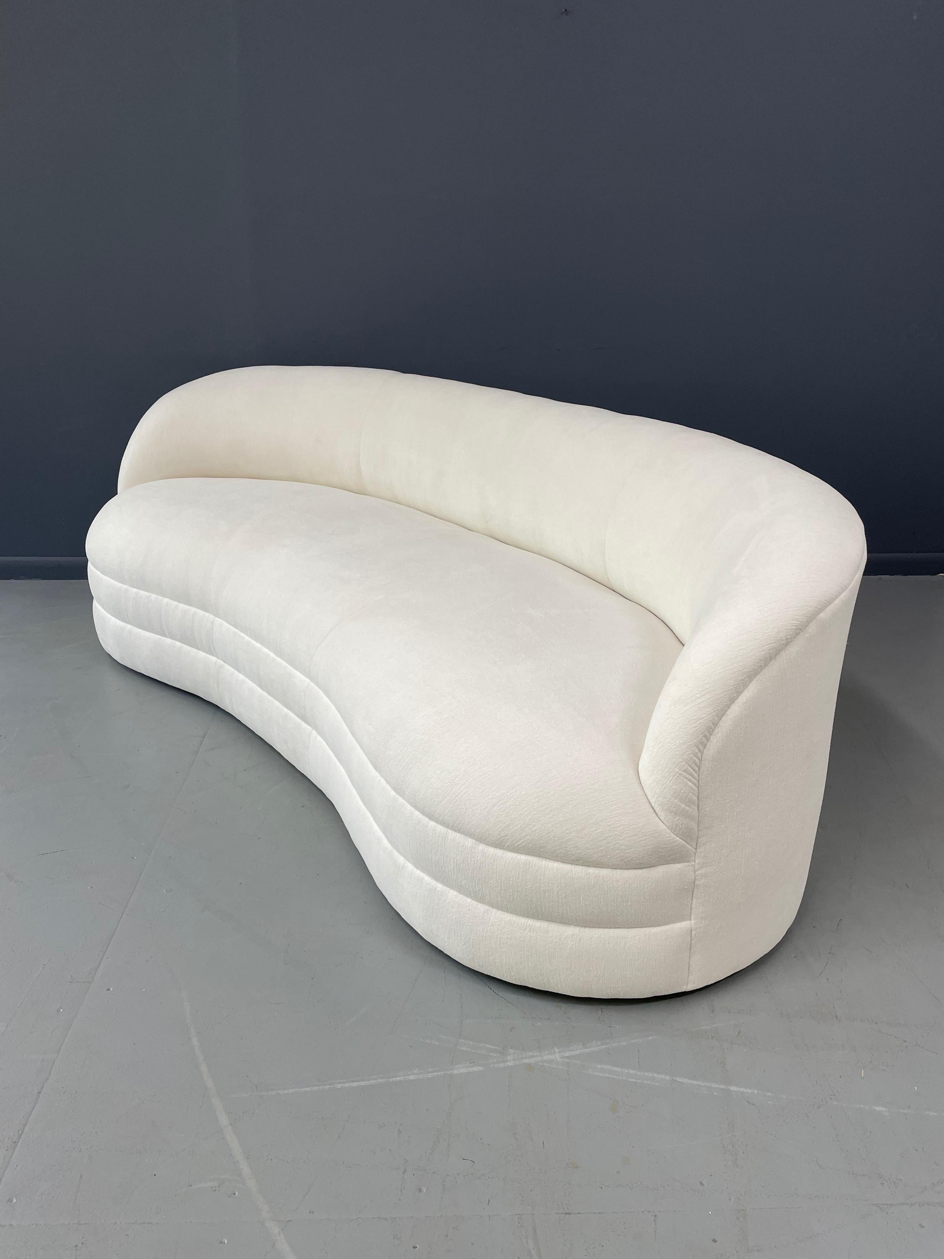 North American Weiman Style Curved Kidney Bean Shaped Mid Century Sofa in Textured White Velvet