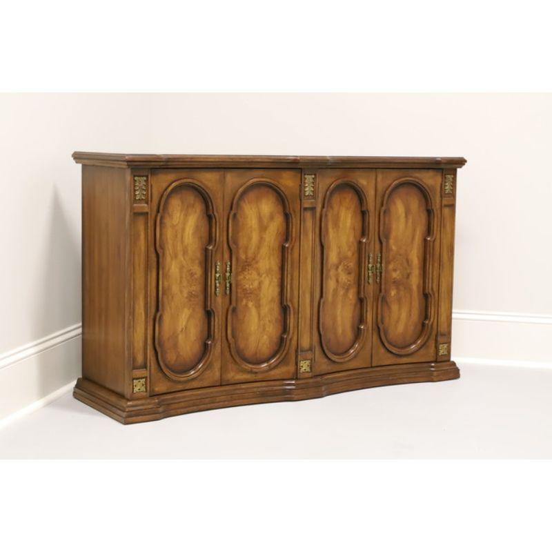 A Mediterranean style entry cabinet by quality furniture maker Weiman. Made in the USA in the mid 20th century. Walnut with burl walnut inlay and brass hardware. Inner cabinet has ample storage with one fixed wooden shelf. 

Style #: