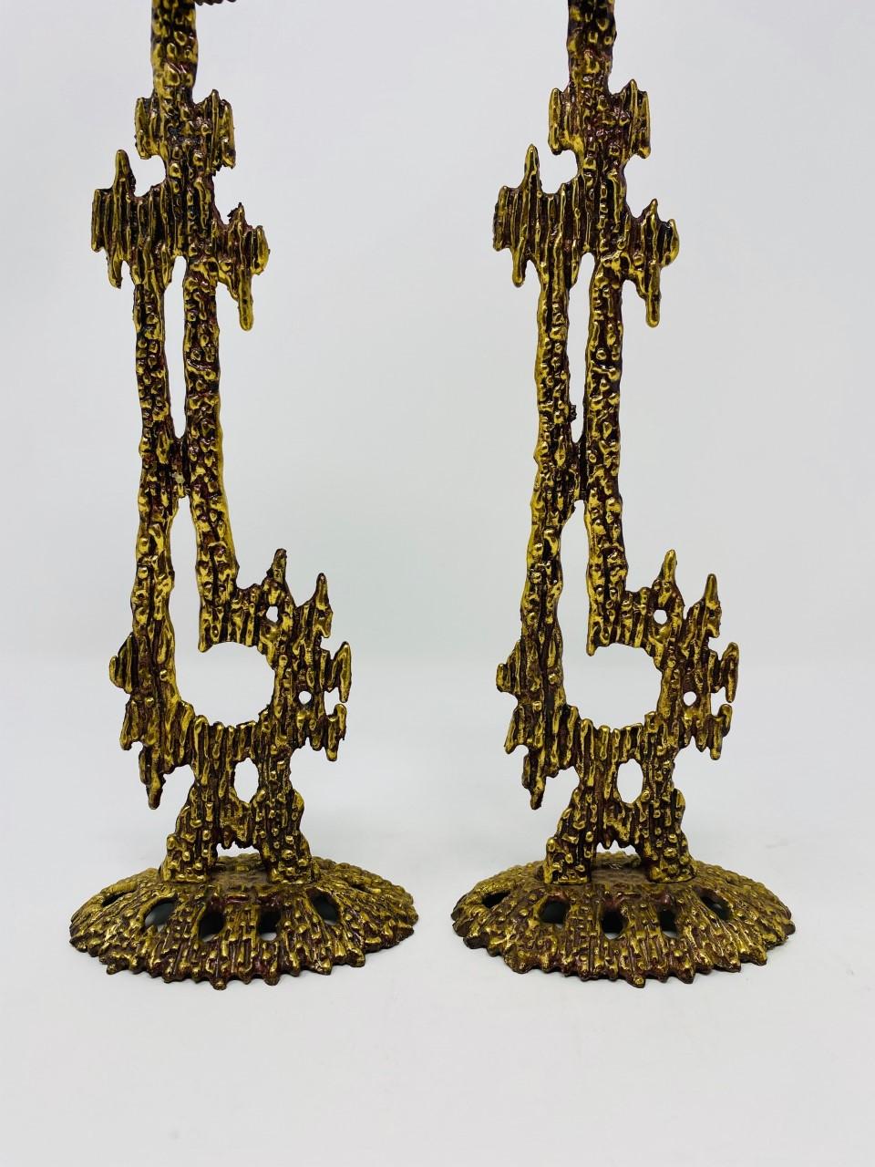 Weinberg Brass Brutalist Pair of Candleholders In Good Condition In San Diego, CA