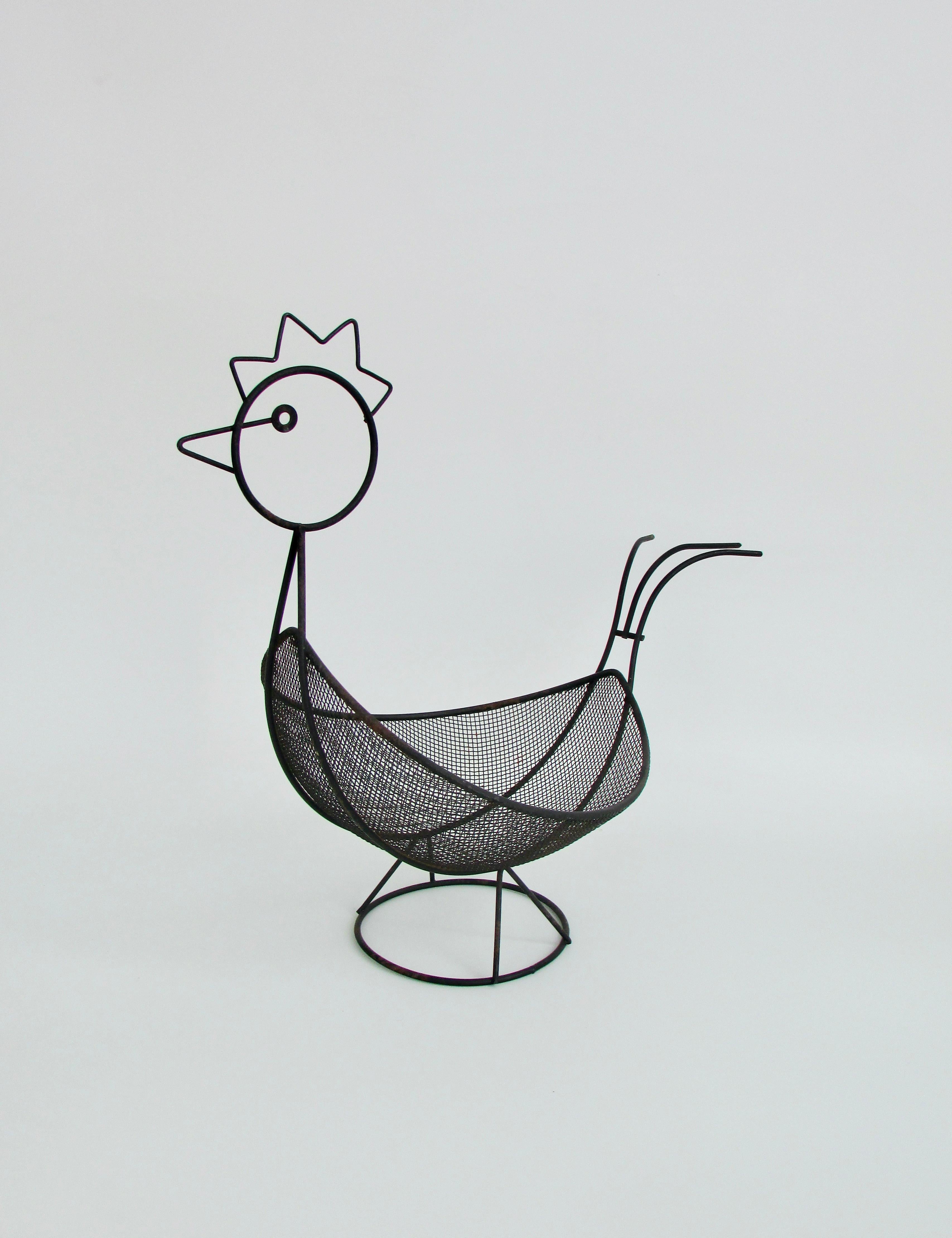 Mid-Century Modern Weinberg style abstract chicken form black wrought wirework basket For Sale