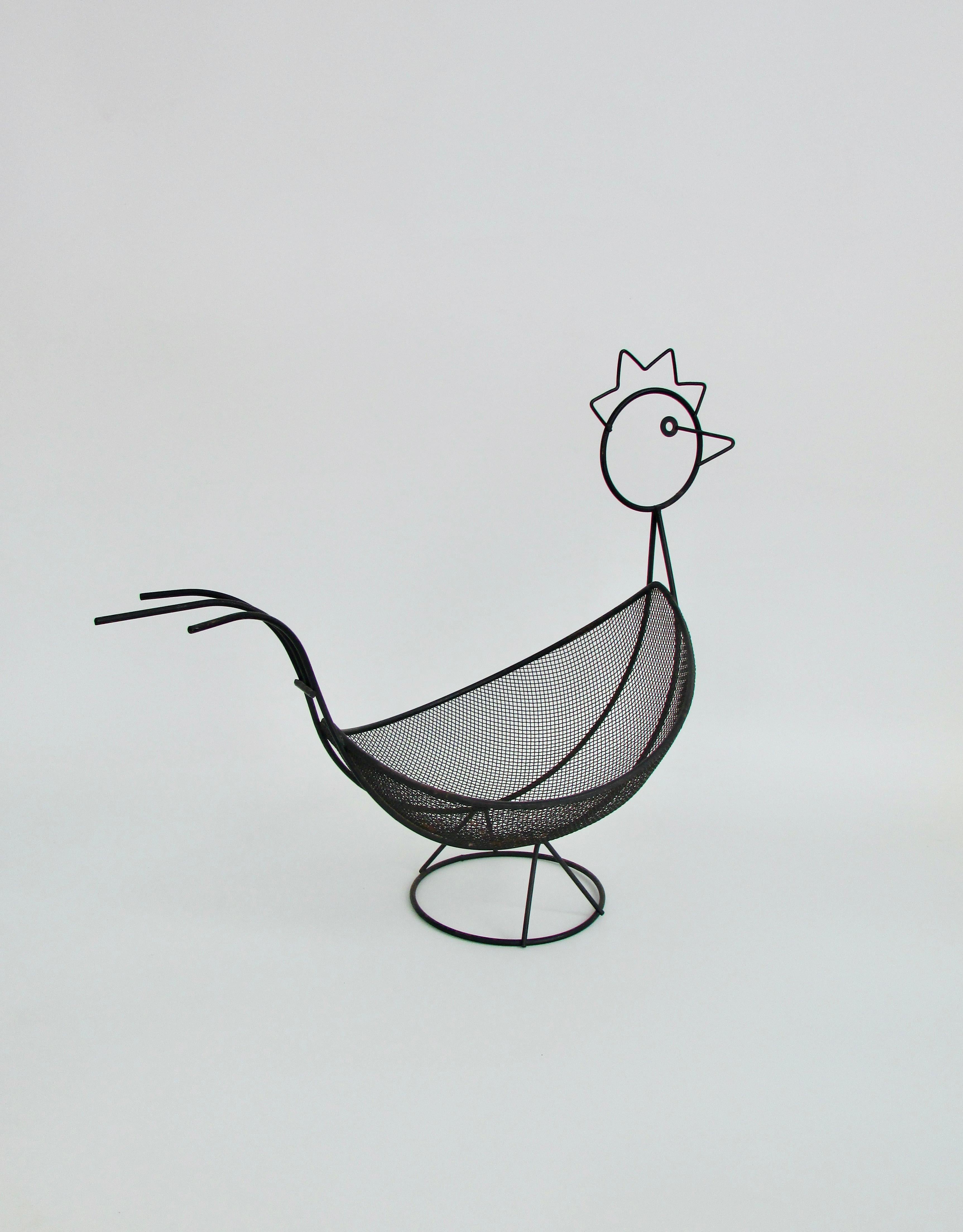 Lacquered Weinberg style abstract chicken form black wrought wirework basket For Sale