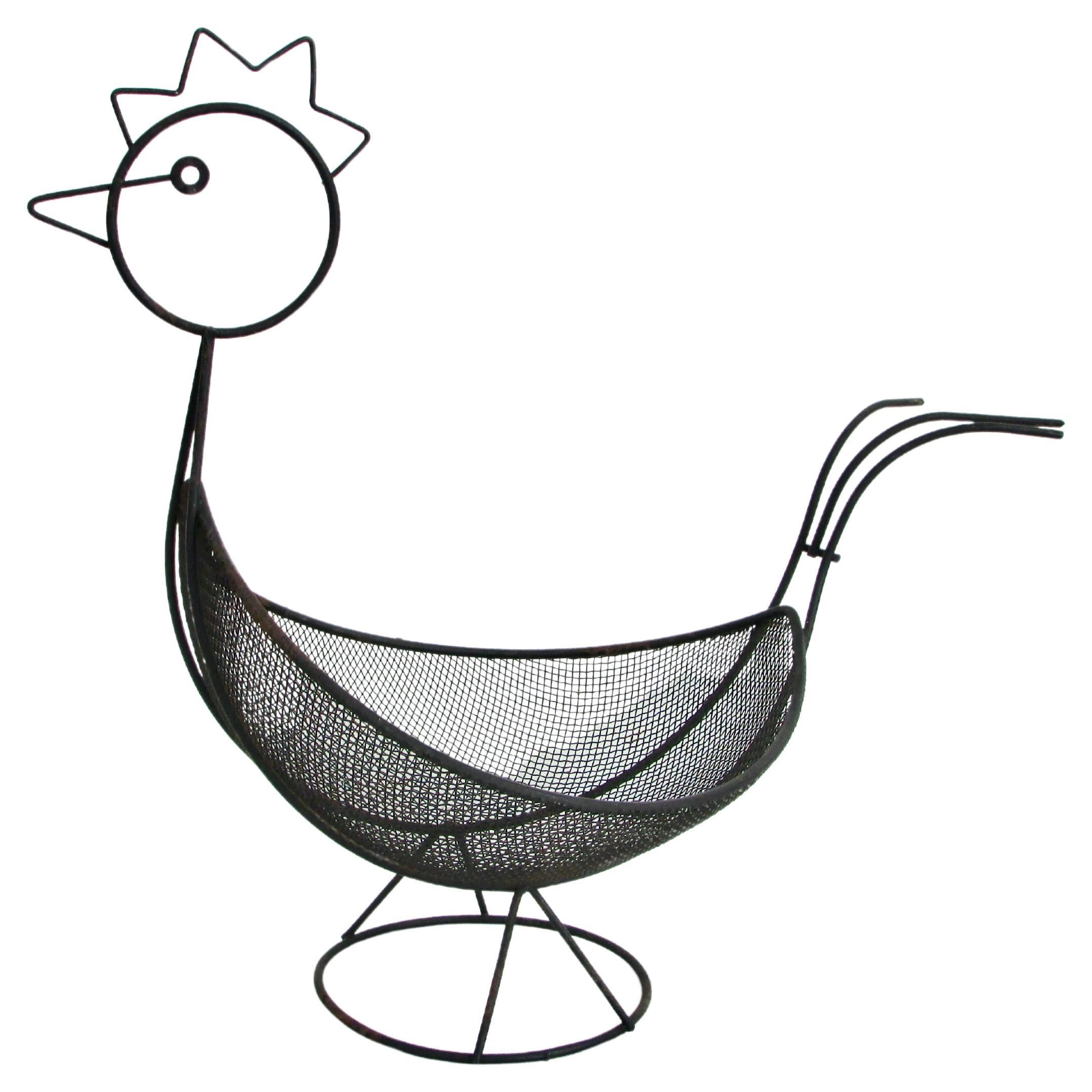 Weinberg style abstract chicken form black wrought wirework basket For Sale