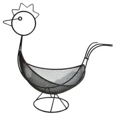 Retro Weinberg style abstract chicken form black wrought wirework basket