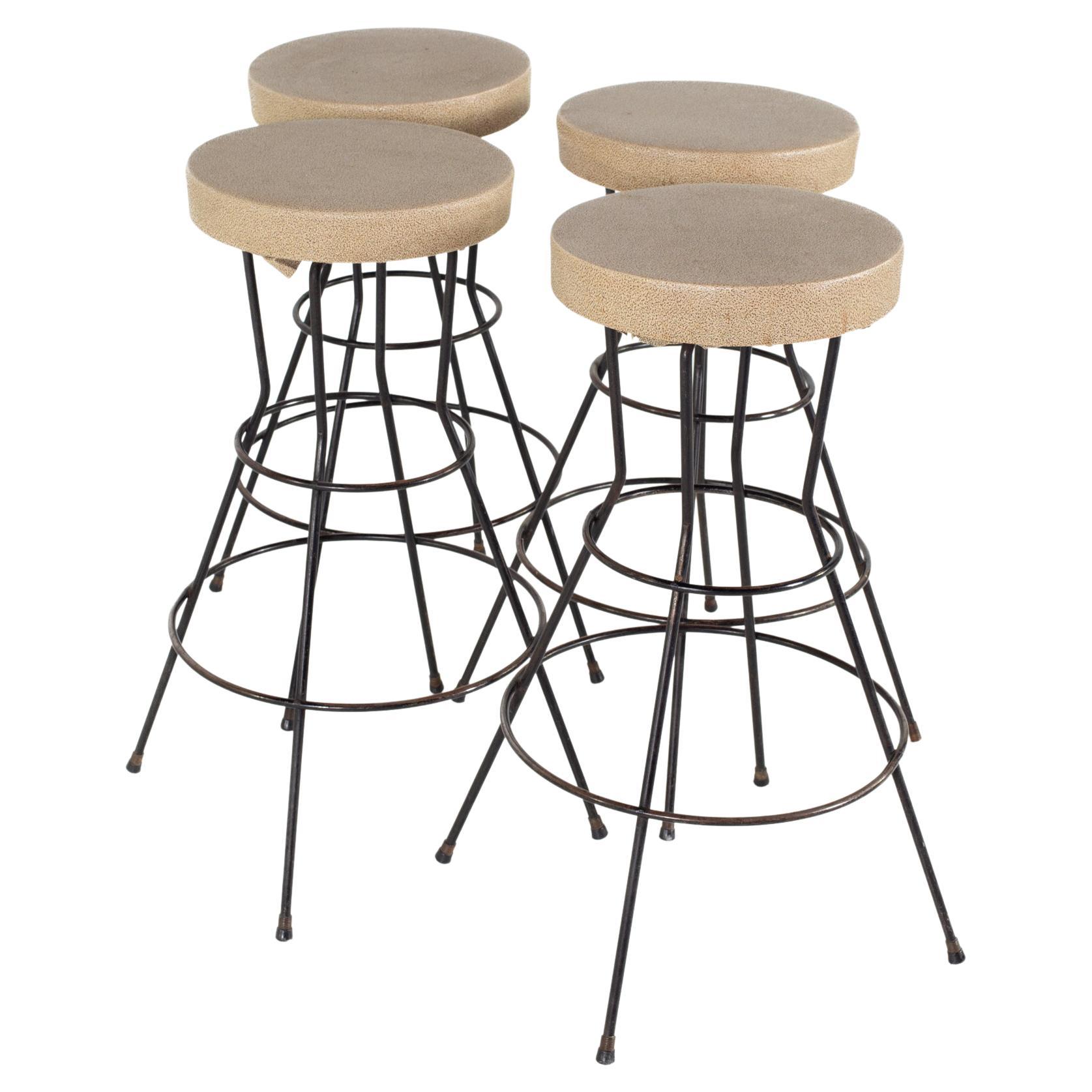 Weinberg Style Mid Century Brown Vinyl and Iron Stools, Set of 4 For Sale