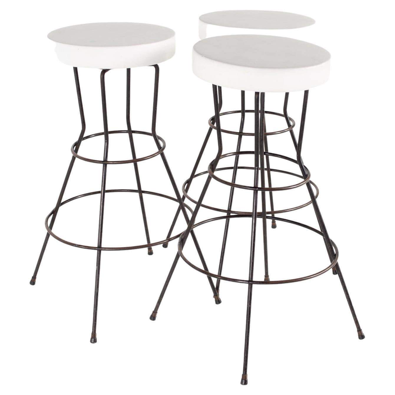 Weinberg Style Mid Century White Vinyl and Iron Stools, Set of 3