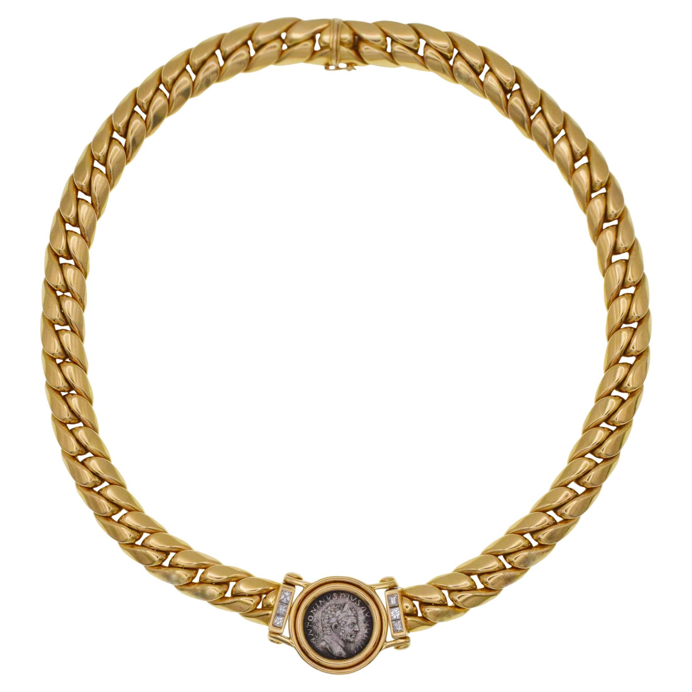 Weingrill Halskette aus 18 Karat antiker Münze und Diamanten