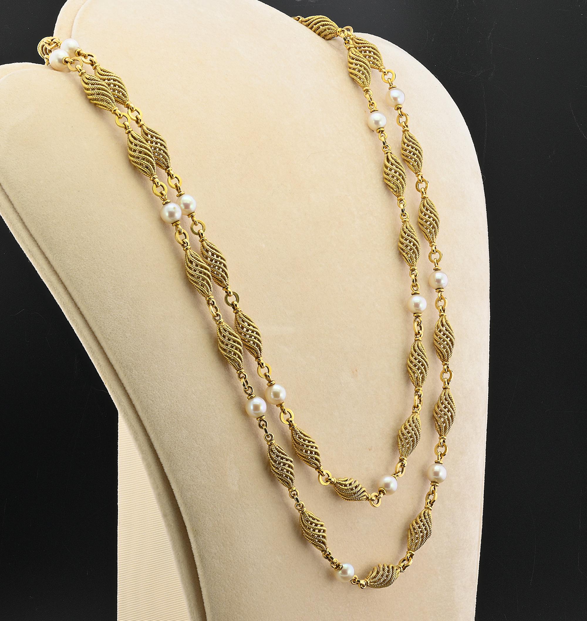 Weingrill Perle  Cord Spiral Lange Kette Halskette 18 KT Damen im Angebot