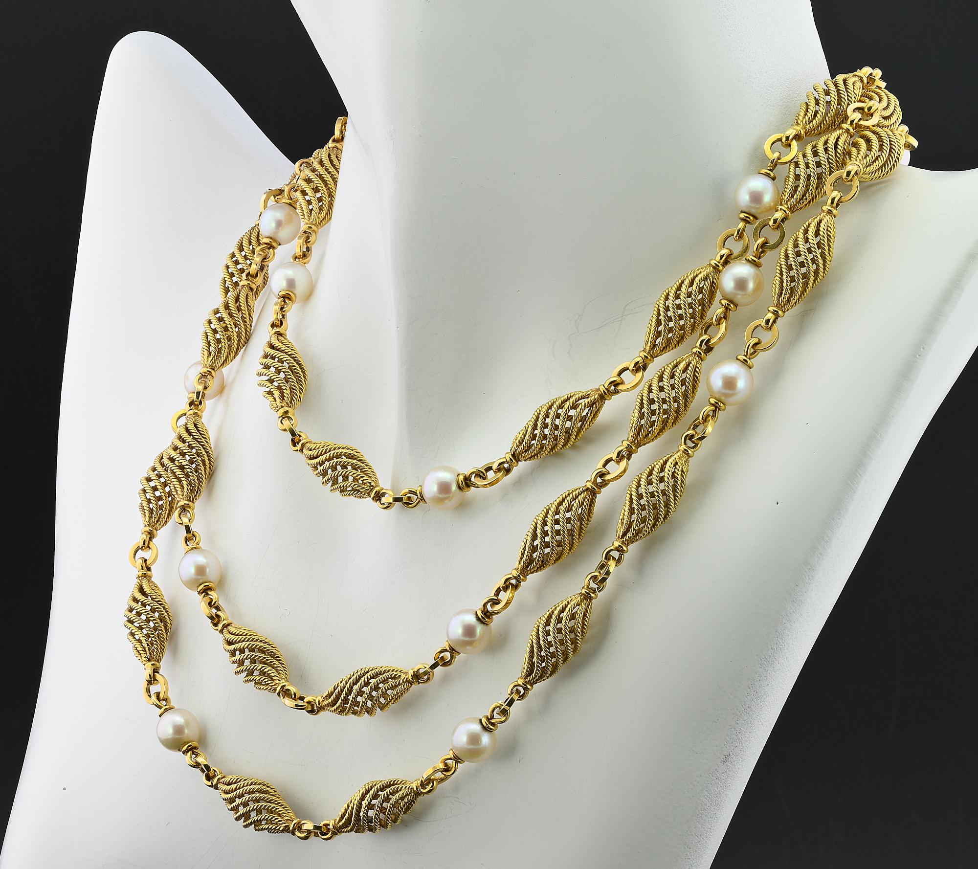 Weingrill Perle  Cord Spiral Lange Kette Halskette 18 KT im Angebot 1