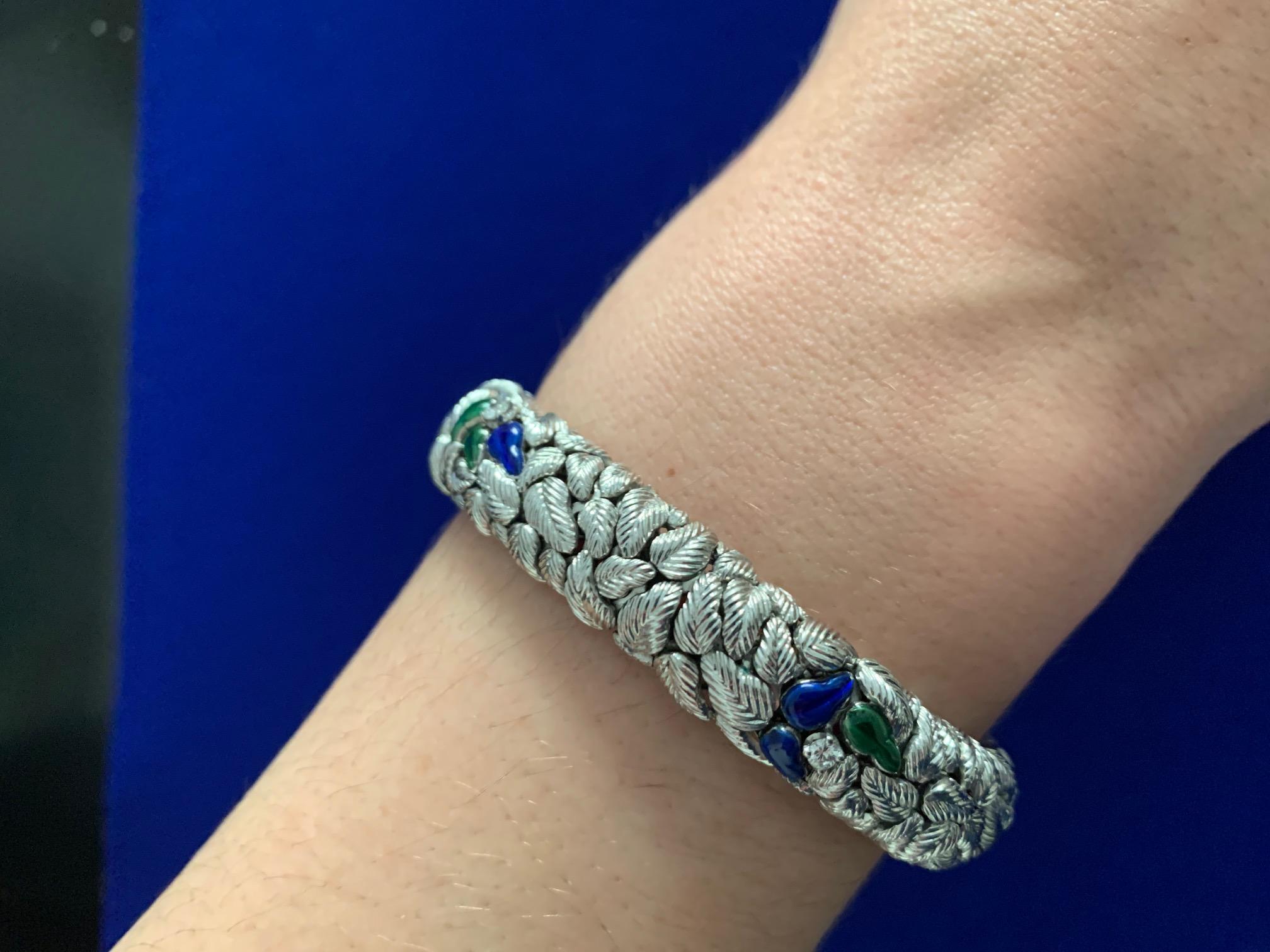 Weingrill Verona Vintage Bracelet Leaves Spring Diamond Blue Green Enamel Gold In Excellent Condition In Munich, Bavaria