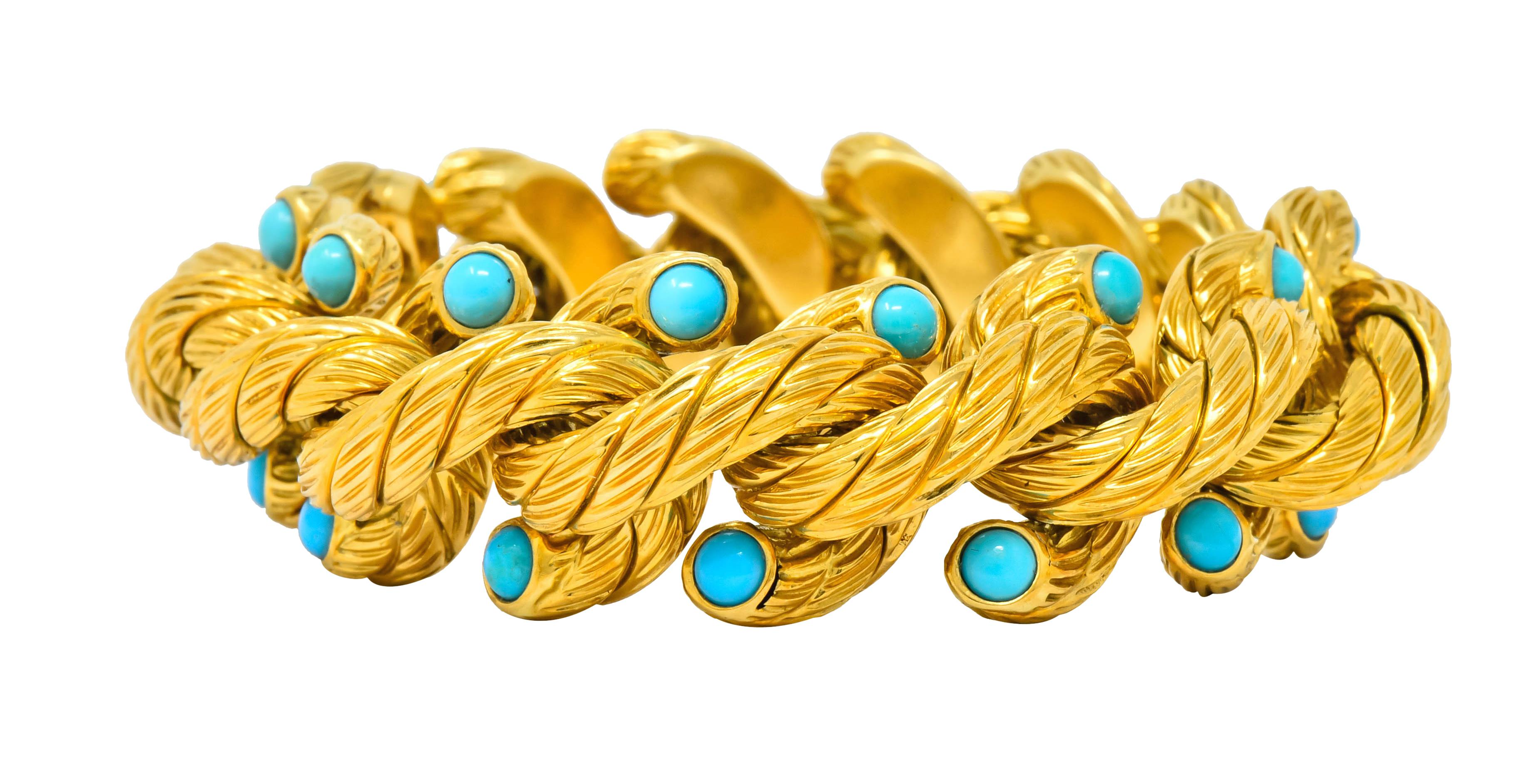 Contemporary Weingrill Vintage Turquoise 18 Karat Gold Italian Link Bracelet, circa 1970s