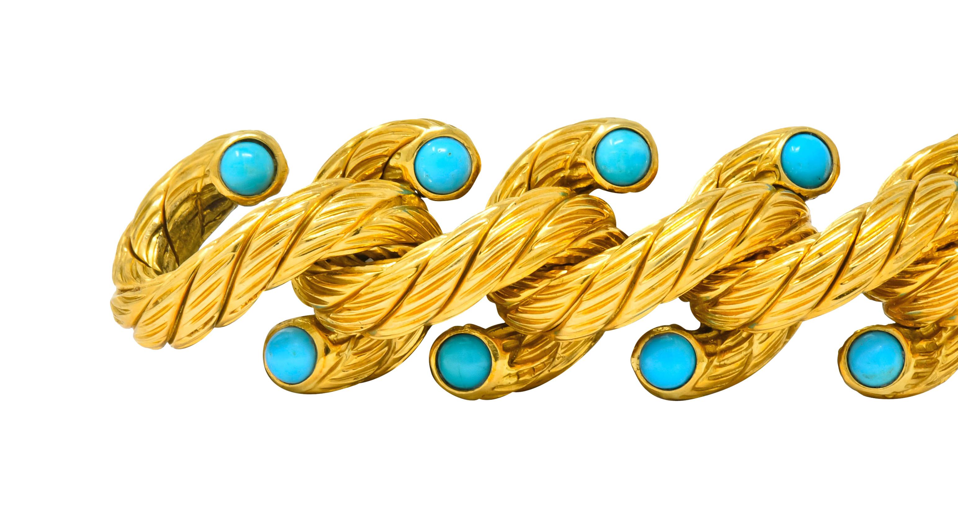 Weingrill Vintage Turquoise 18 Karat Gold Italian Link Bracelet, circa 1970s In Excellent Condition In Philadelphia, PA