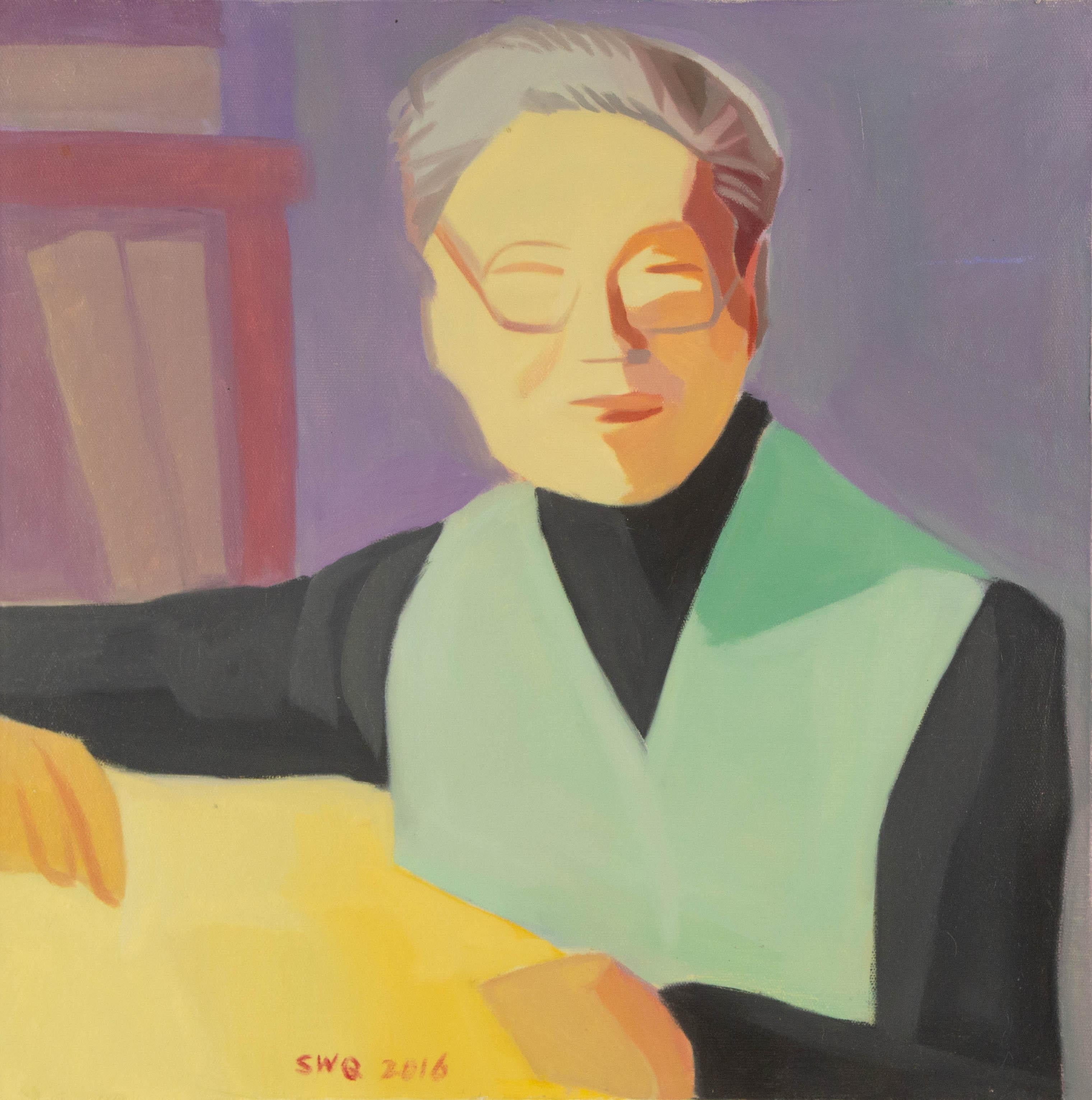  Title: Woman Sitting on Chair 
 Medium: Oil on canvas
 Size: 19.5 x 19.5 inches
 Frame: Framing options available!
 Condition: The painting appears to be in excellent condition.
 Note: This painting is unstretched, shipped rolled unless