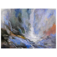 Used "Weir" Waterfall, Rapids onto Rock, Contemporary Oil Painting